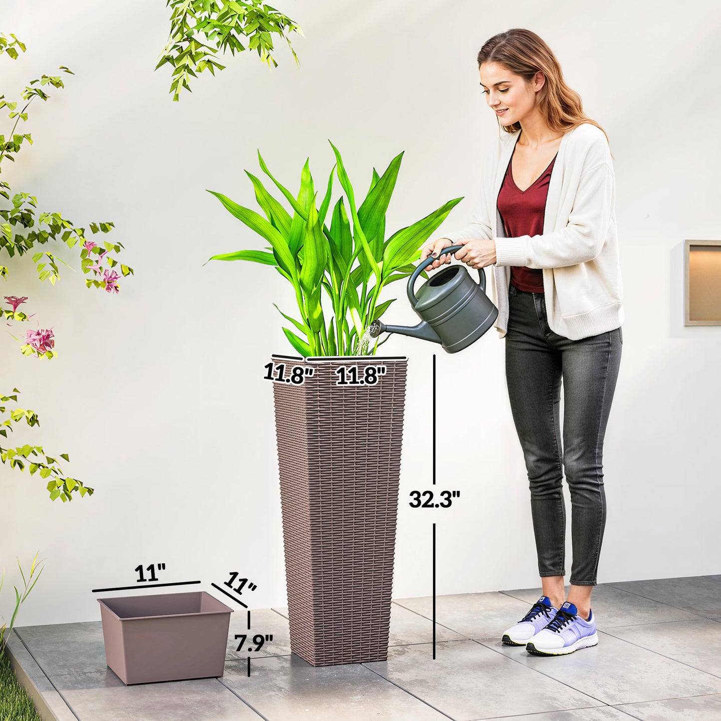 Set of 2 Outdoor Tall Plant Pots - Brown Plastic Garden Planters with Drainage