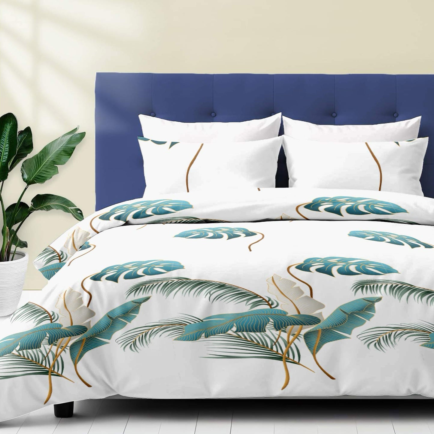 Tropical Palm Leaf Quilt Set with 6 Curtains - Teal Botanical Decor