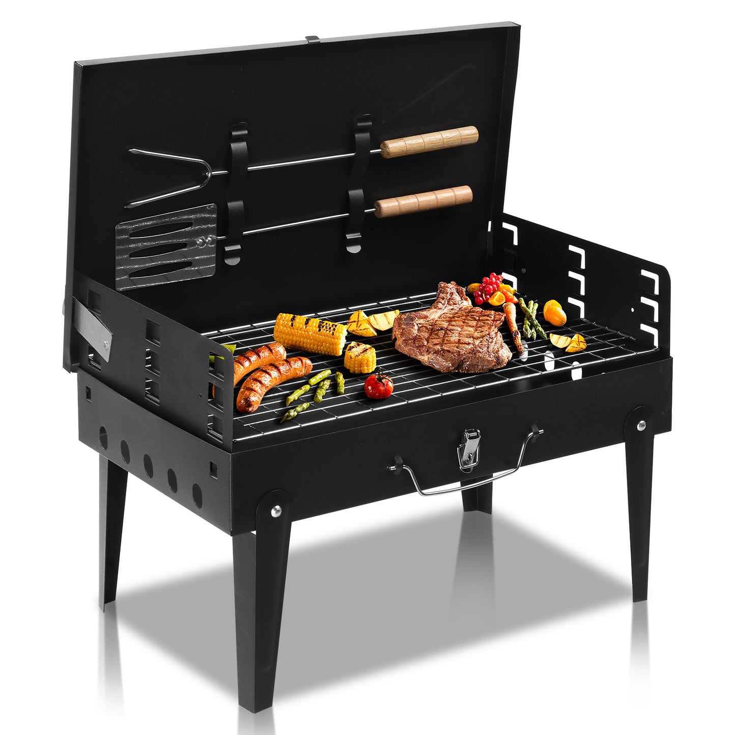 Portable Square Charcoal Grill with Adjustable Height - Black