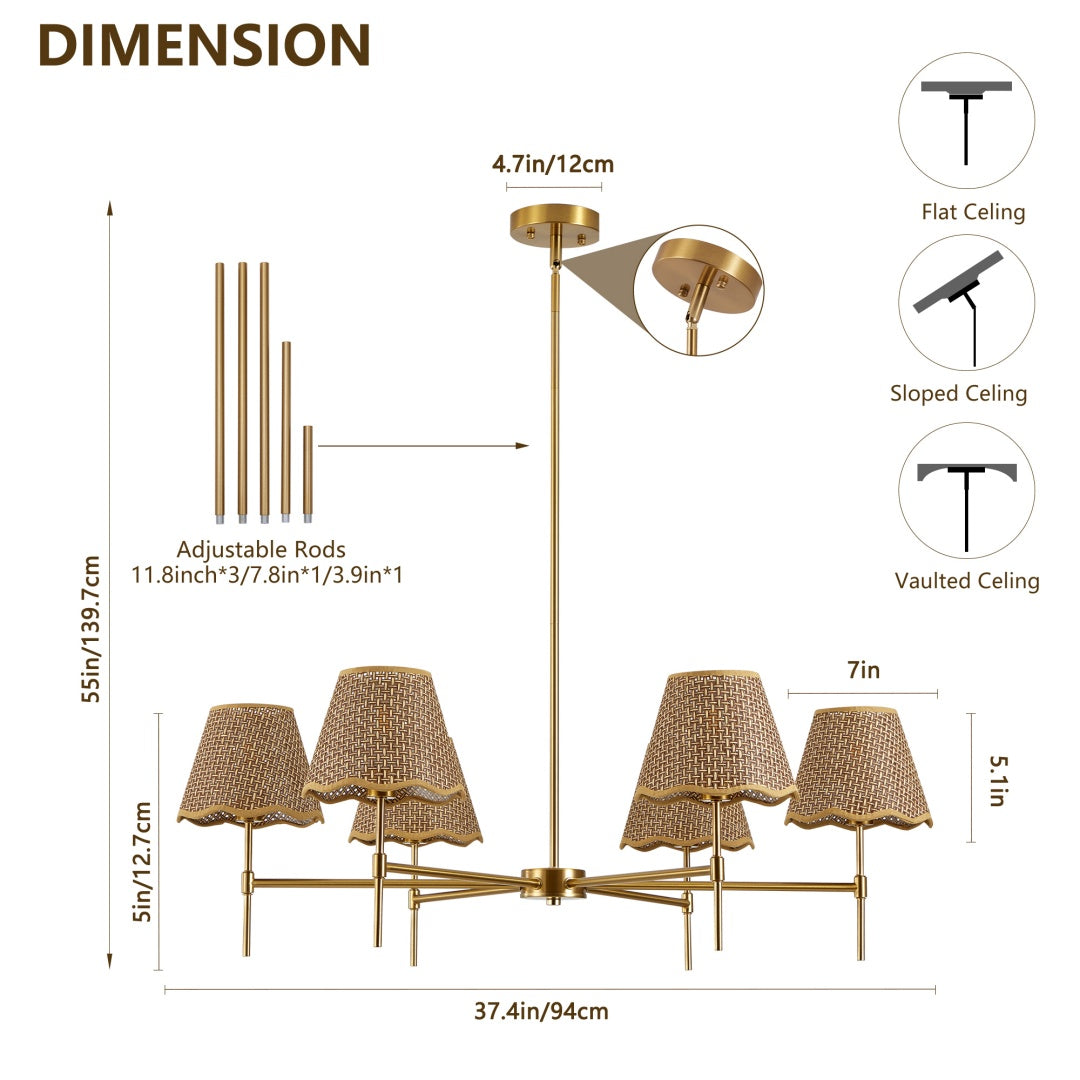 Boho Rattan Chandelier 6-Lights Pendant Light for Kitchen & Living Room