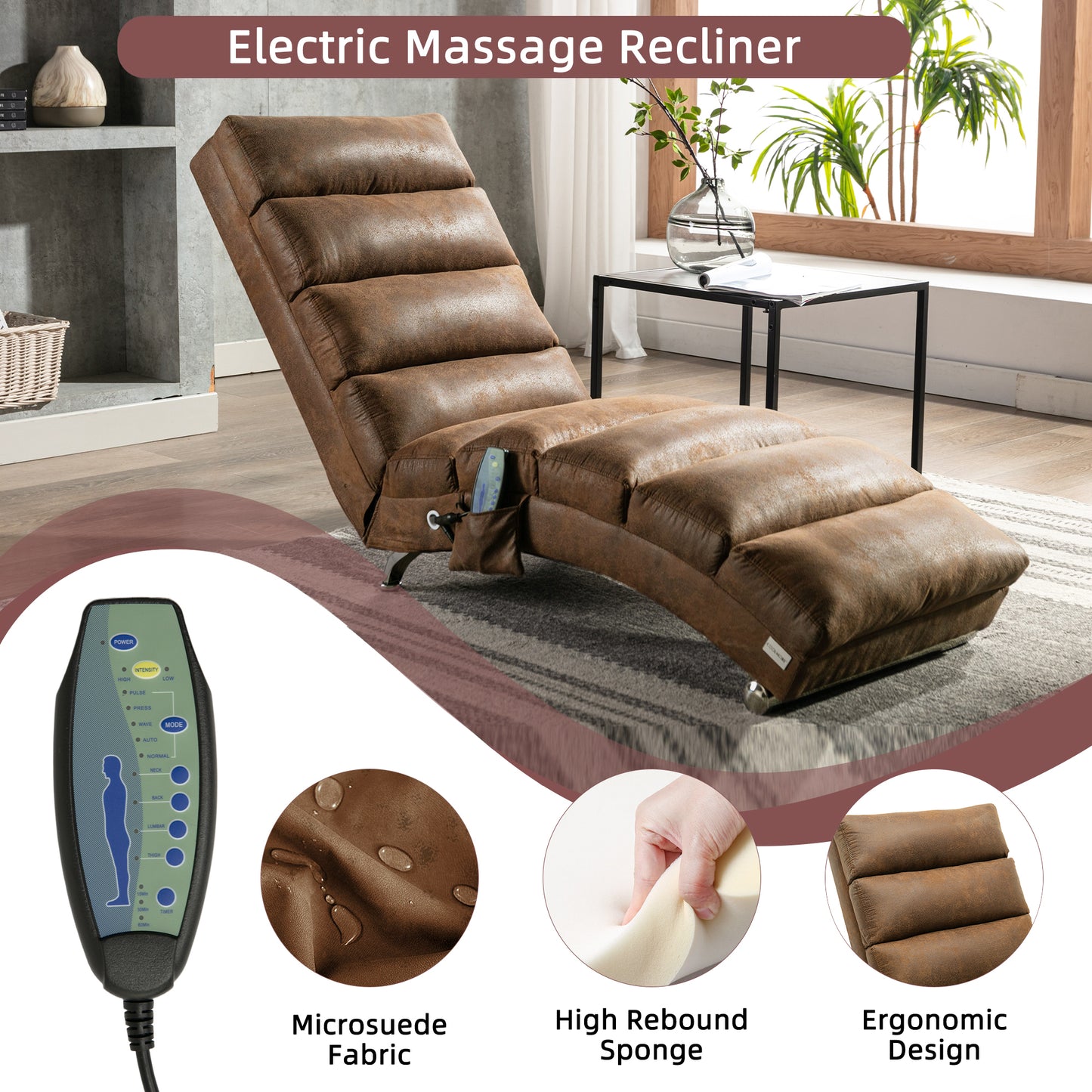 Luxury Upholstered Chaise Lounge Chair with Vibration - Coffee