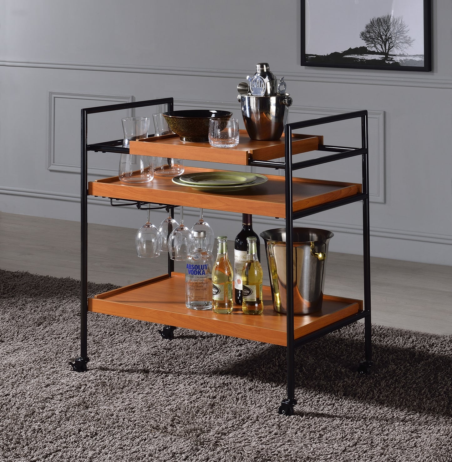 Oaken Honey Oak & Black Serving Cart with Adjustable Trays