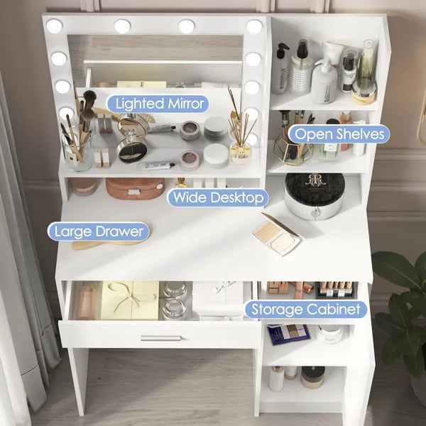 Vanity Desk with Mirror & Adjustable Lighting - White