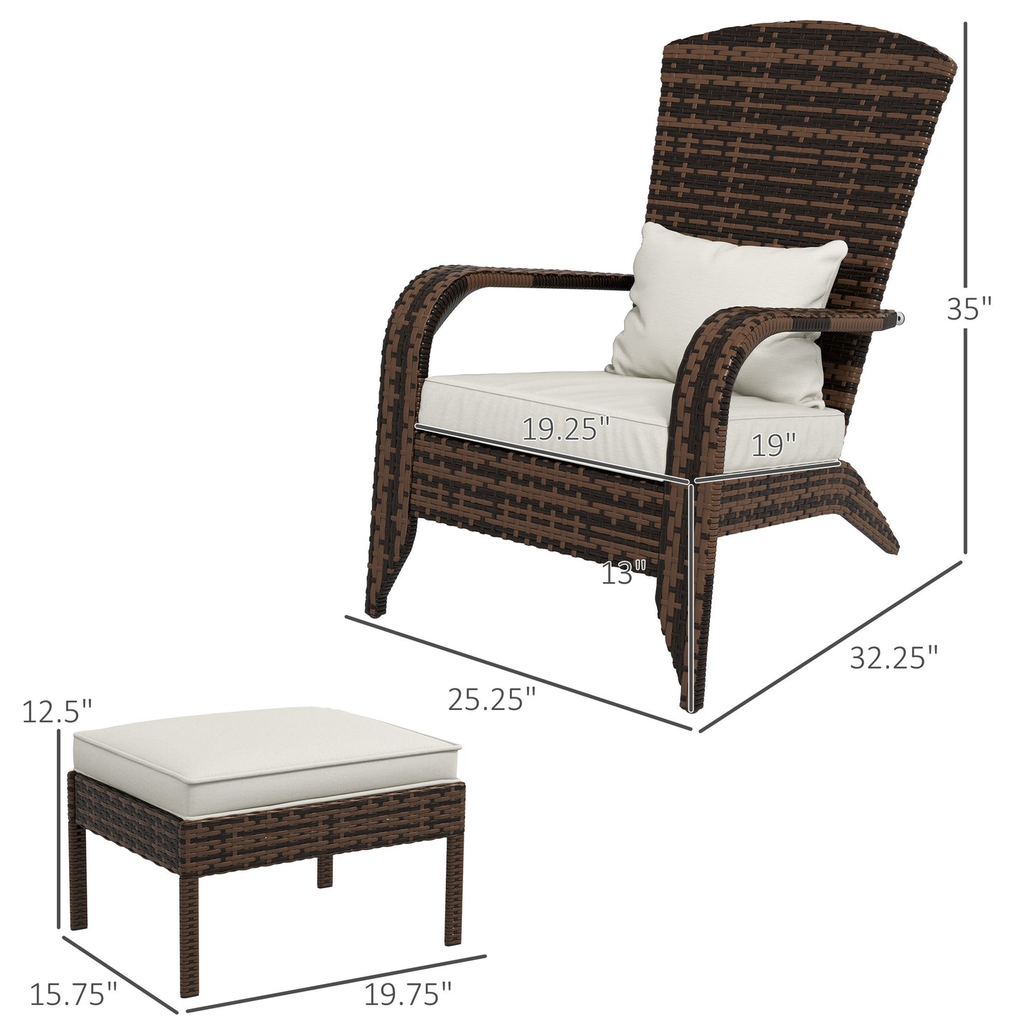 Wicker Adirondack Chair with Ottoman & Cushions - Cream White
