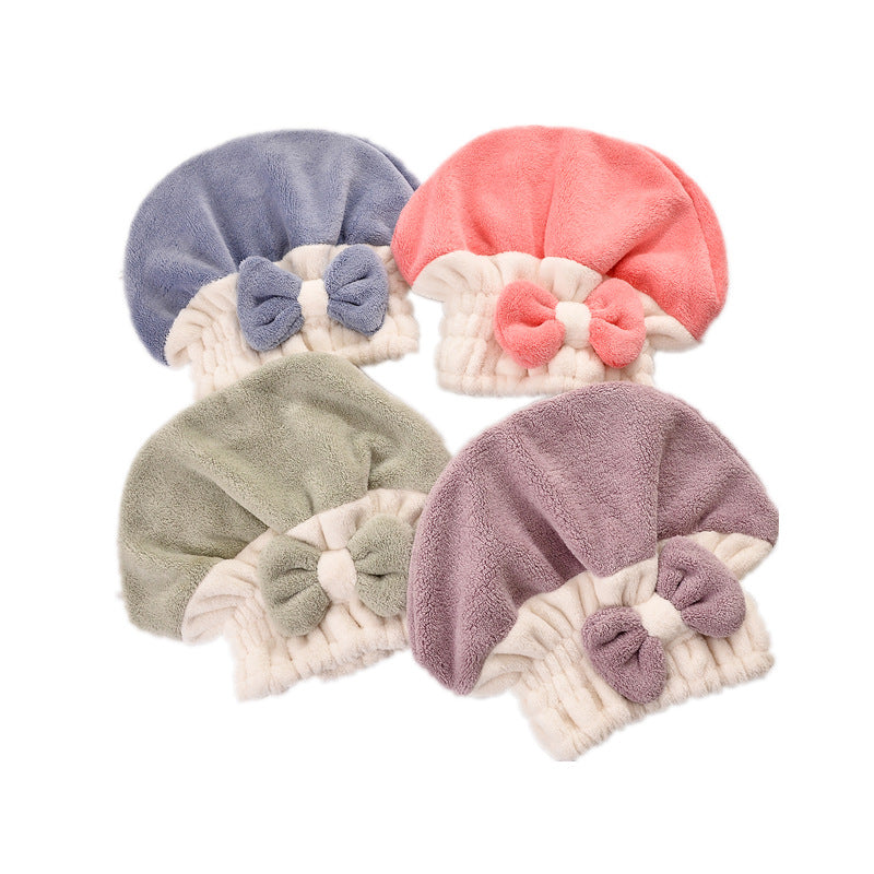 Absorbent Coral Velvet Hair Drying Cap with Bow for Hair Care and Styling