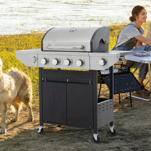 Stainless Steel Propane Gas Grill with Side Burners - Black