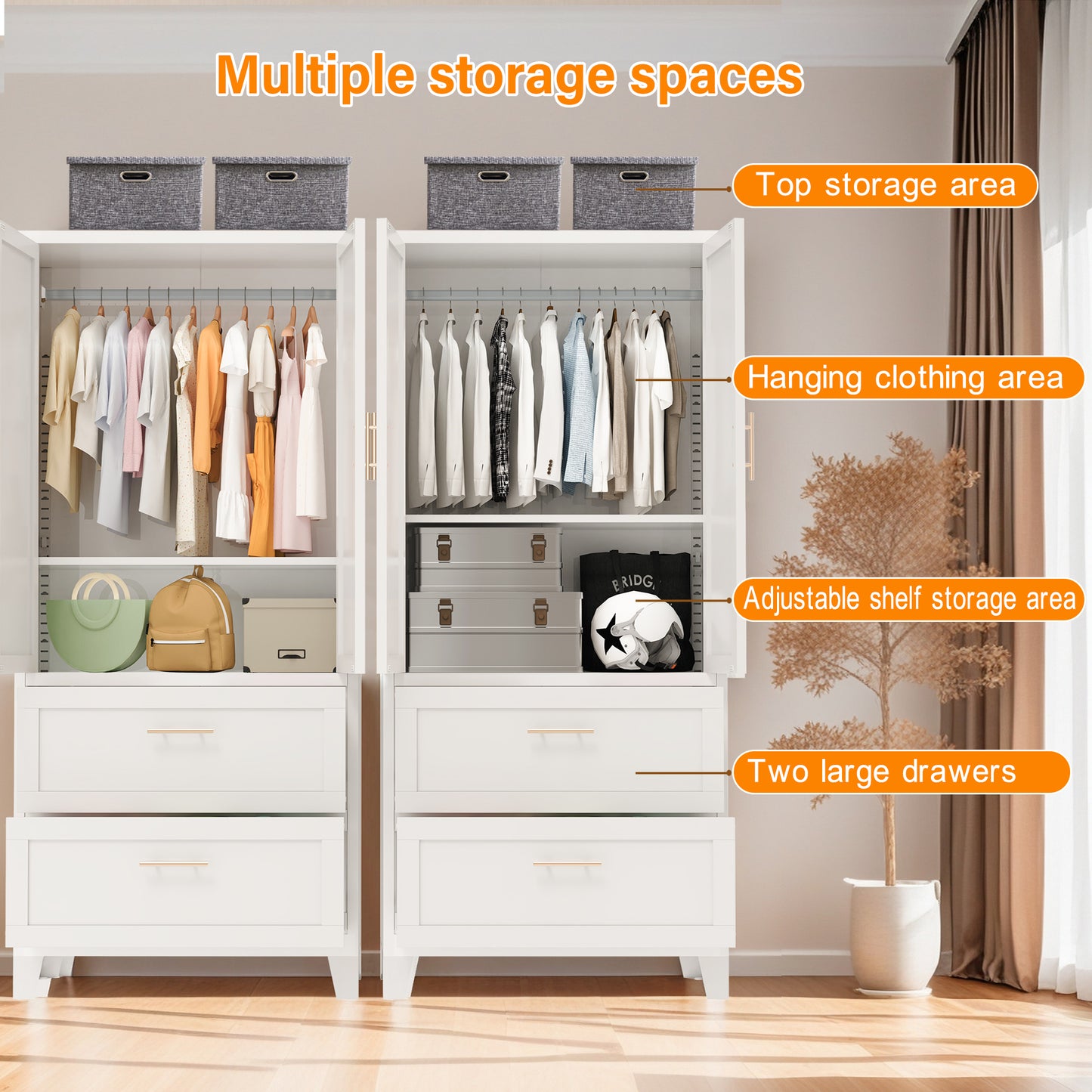 71" Tall Metal Wardrobe Cabinet with 2 Drawers and Hanging Rod - White