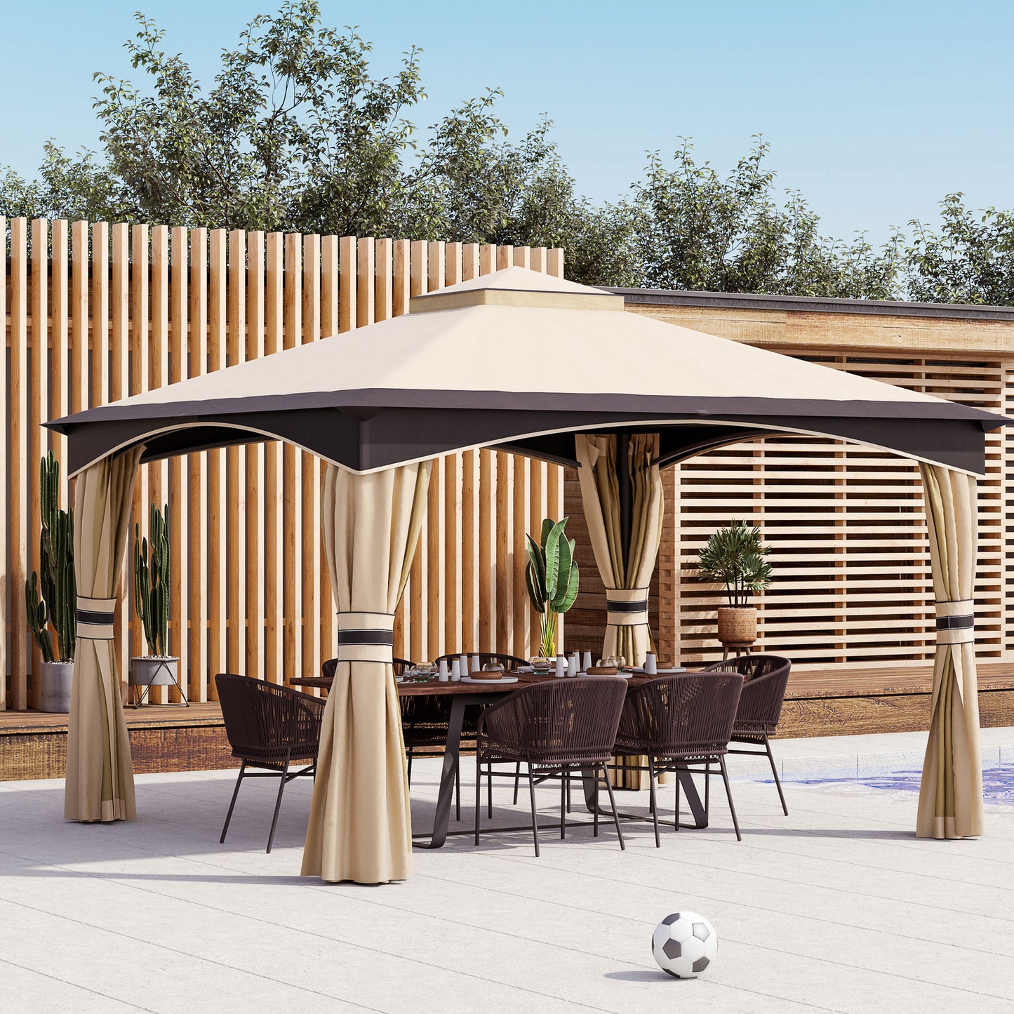 10x12 Outdoor Gazebo Canopy with Netting - Beige/Brown