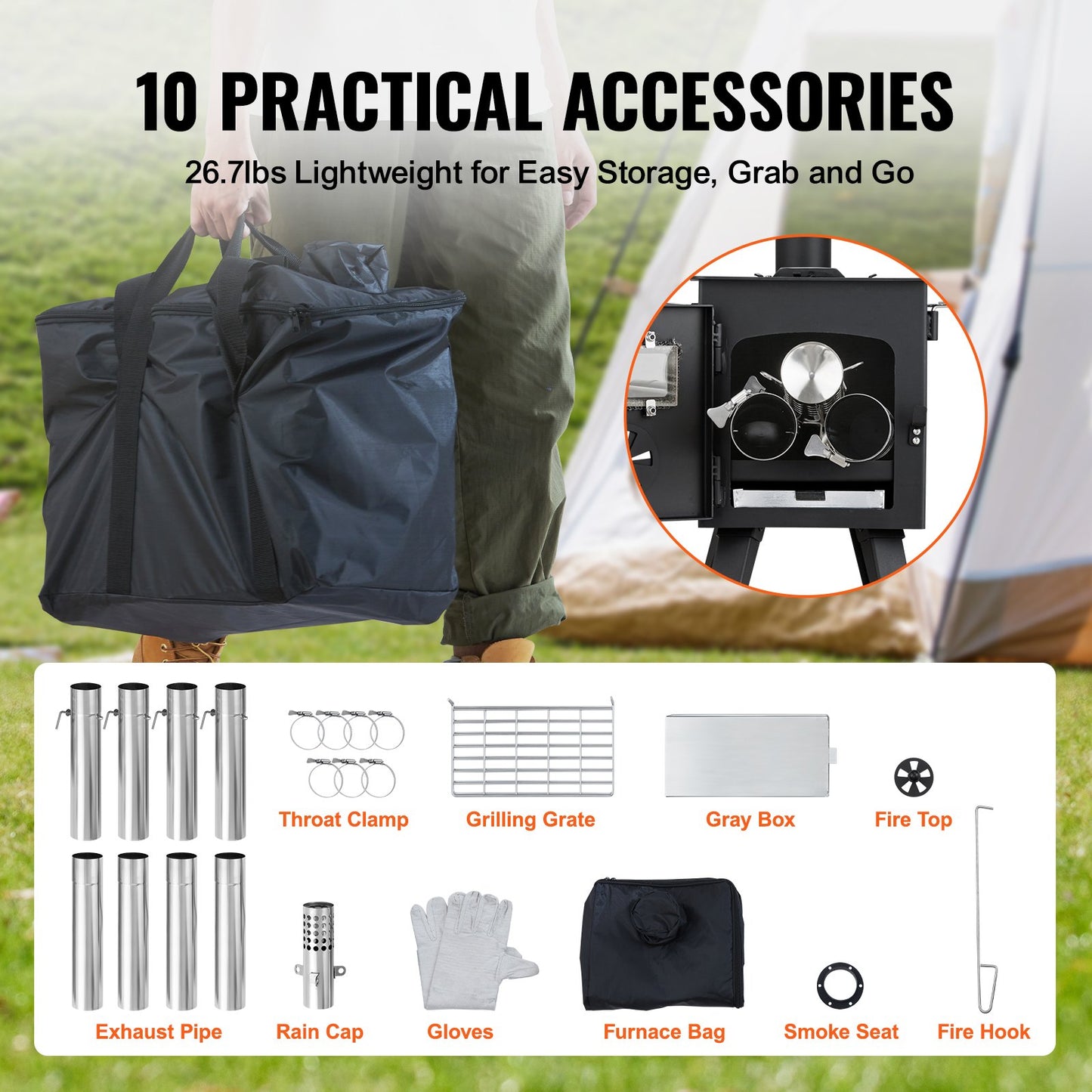 Portable Wood Stove 86 Inch Alloy Steel Camping Tent Heater with Chimney & Gloves