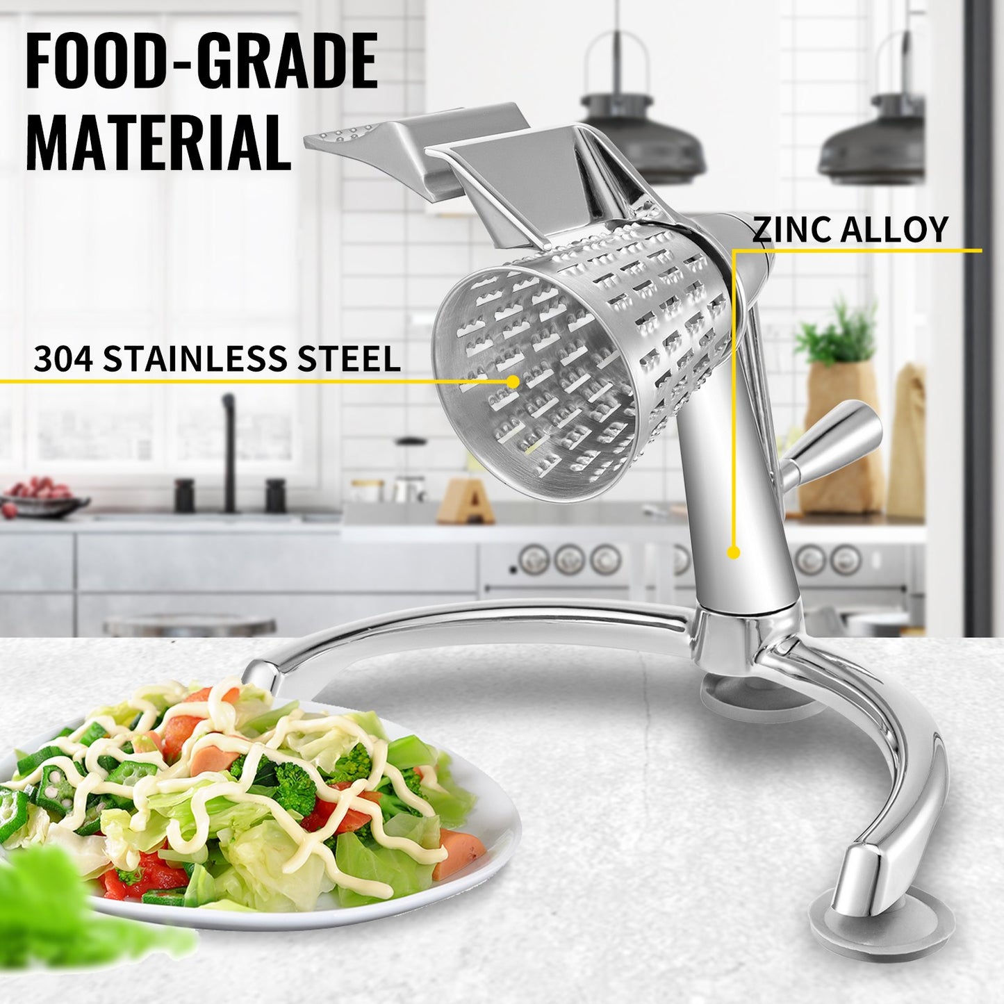 Manual Rotary Cheese & Vegetable Grater with 5 Stainless Steel Cones & Large Bowl