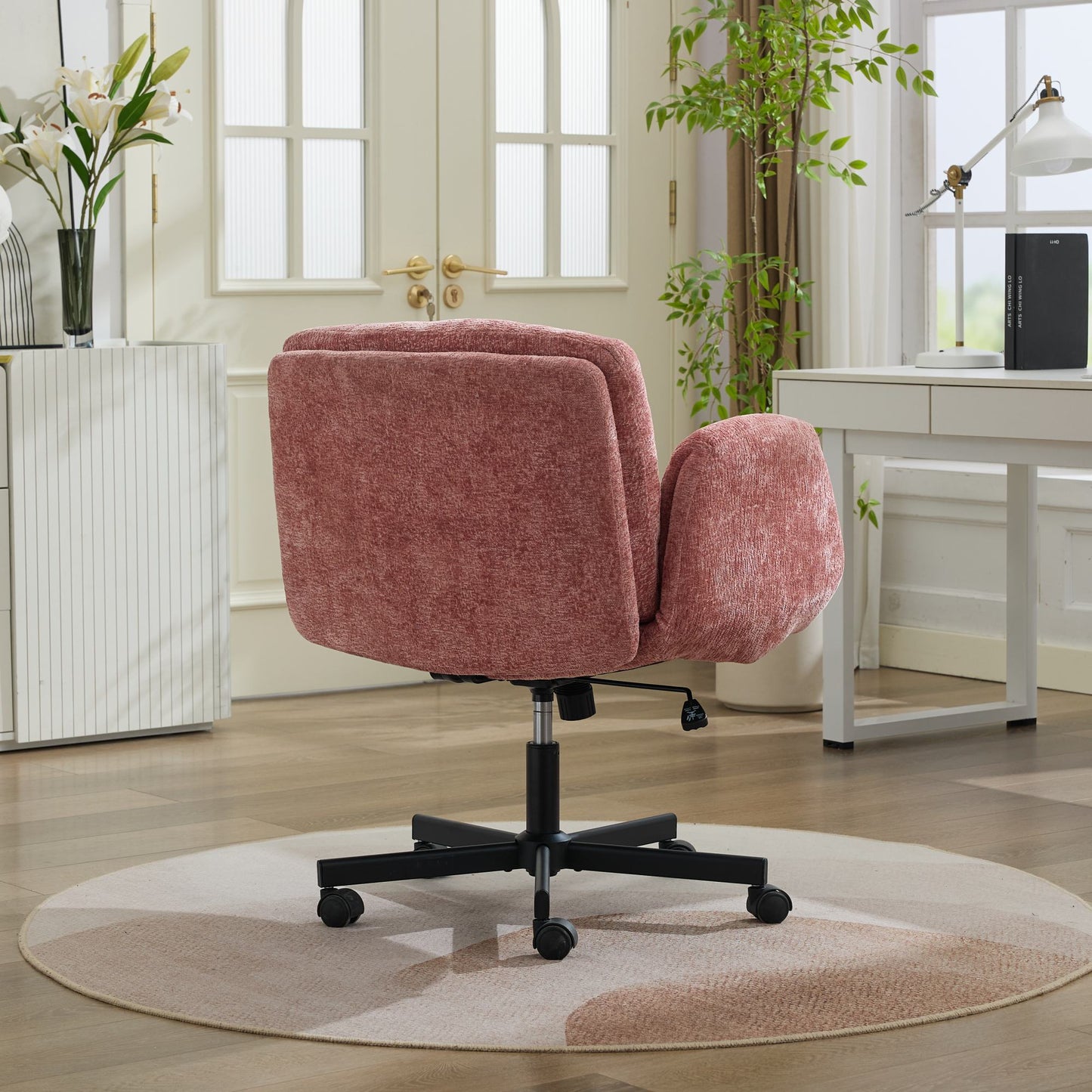 Chenille Swivel Office Chair - Adjustable Height & Armrests, Blush Pink