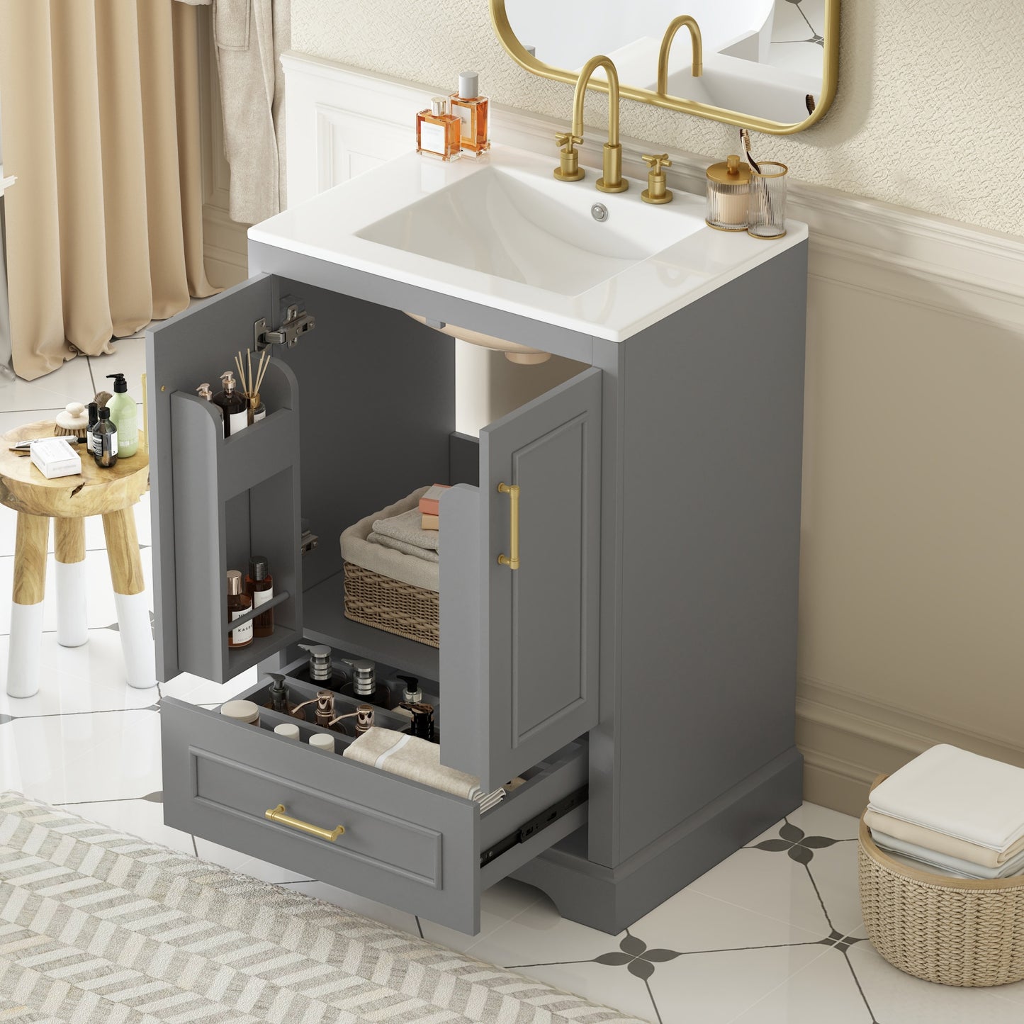 24" Gray Bathroom Vanity with Sink, MDF Cabinet & Soft Close Doors