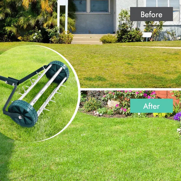 18-Inch Lawn Aerator with Anti-Slip Handle and Tine Spikes - Garden Tool