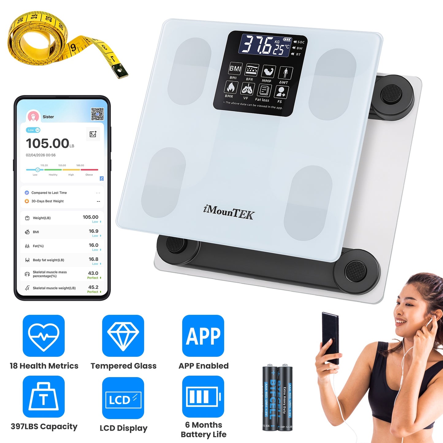 Digital Body Weight Scale with BMI & Body Composition App Connectivity White