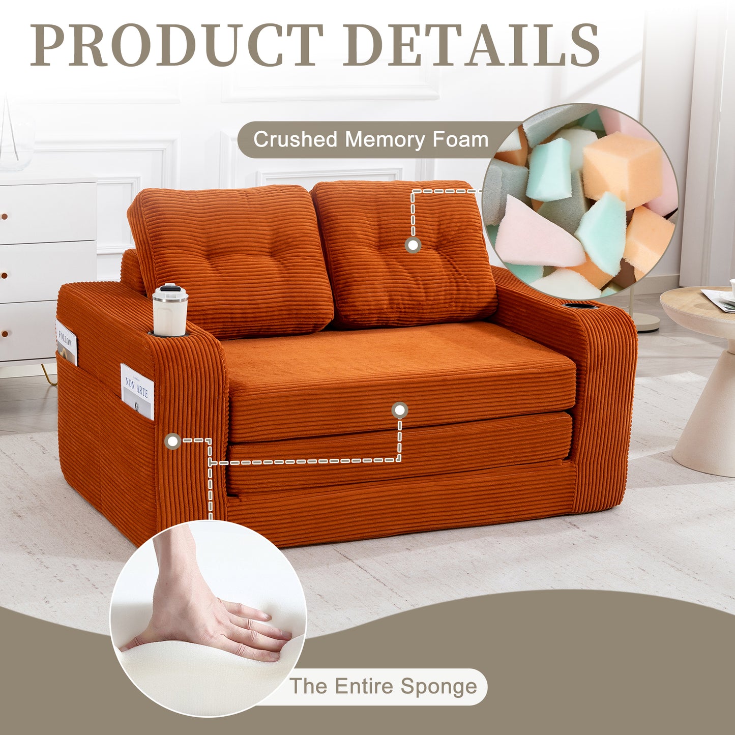 Convertible Sofa Bed - Expandable Floor Couch with Pillows - Orange