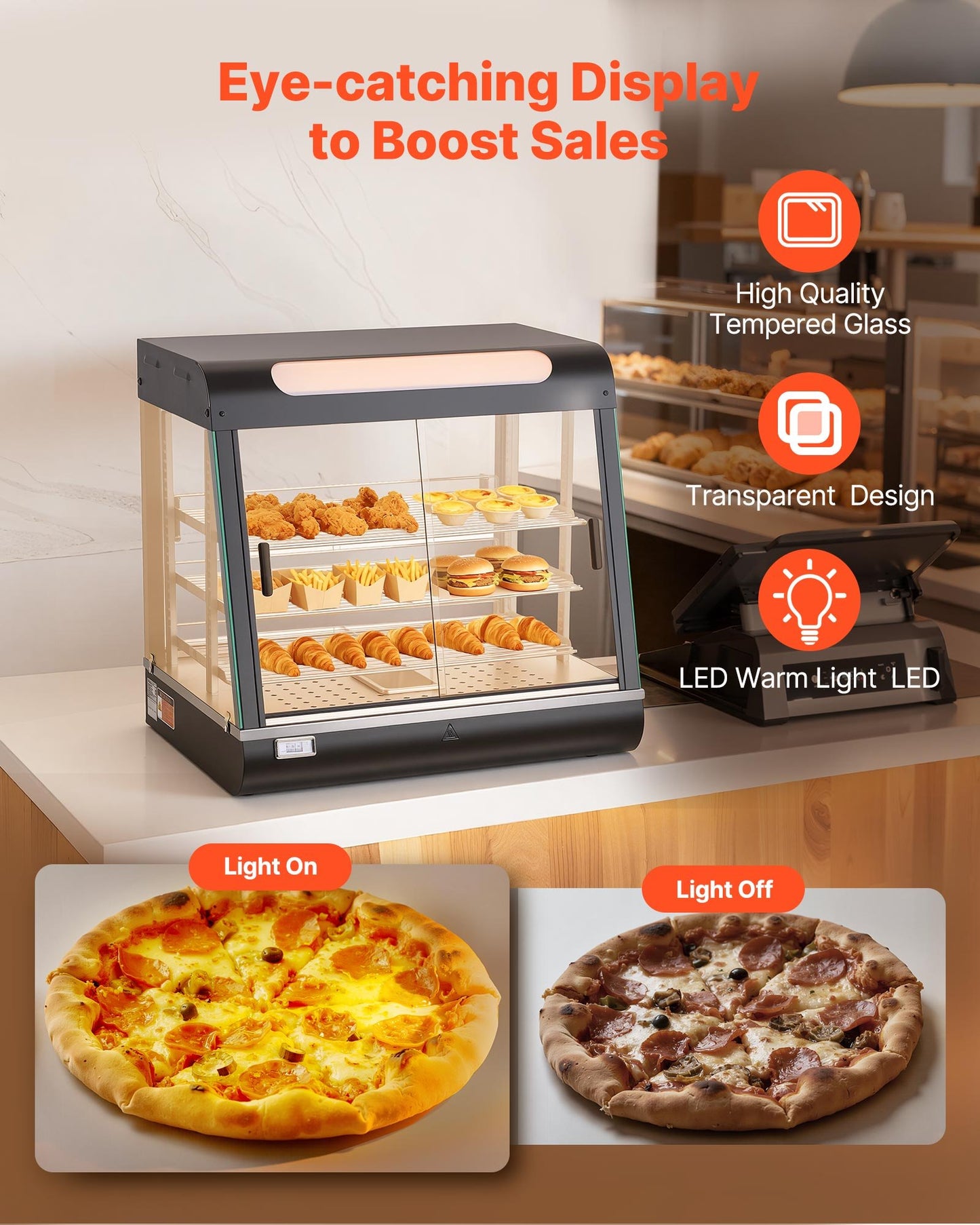 3-Tier Commercial Food Warmer Display with LED Light, Adjustable Shelves, 86°F-185°F, 106Qt