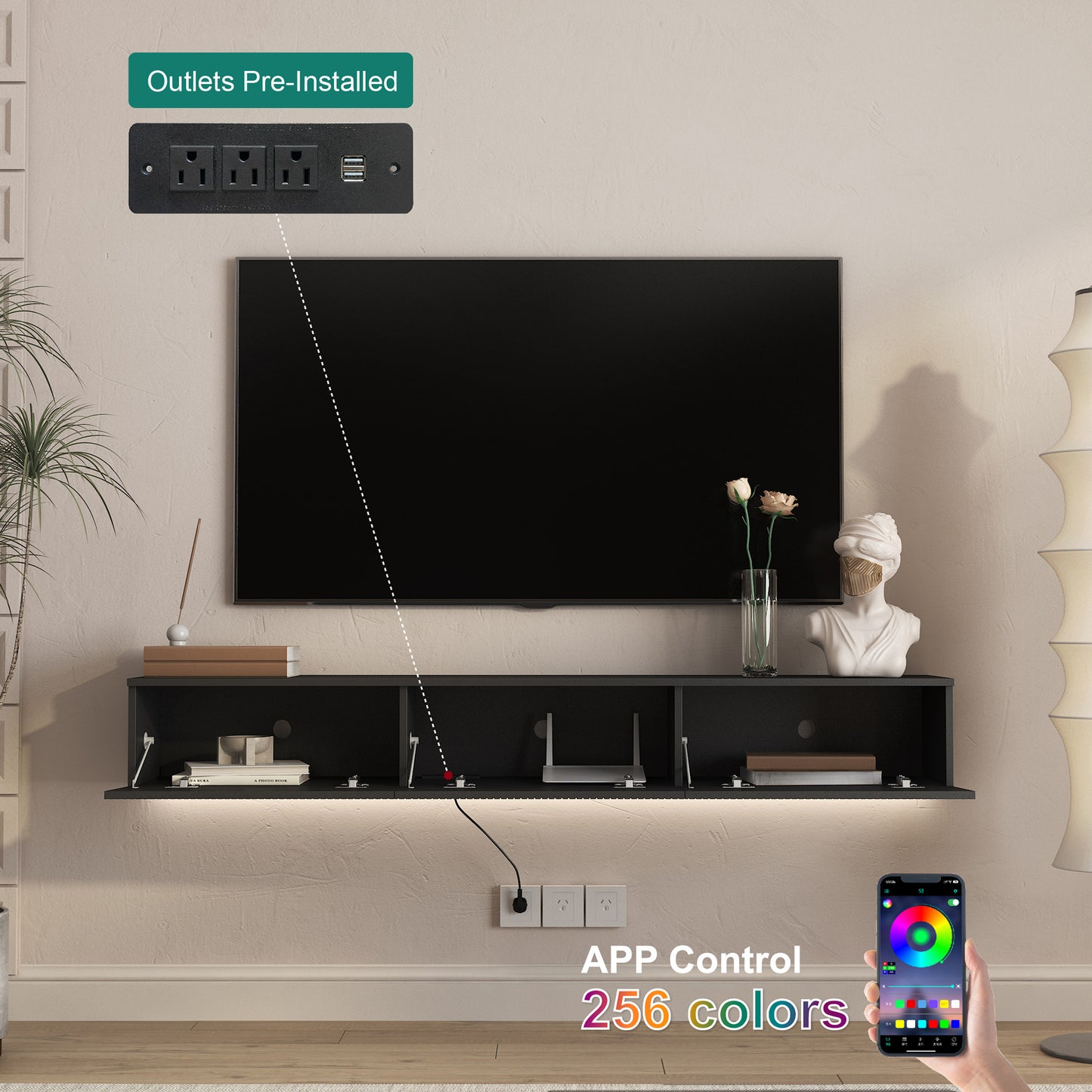 Floating TV Stand Wall Mounted with 16 Color LEDs - Black