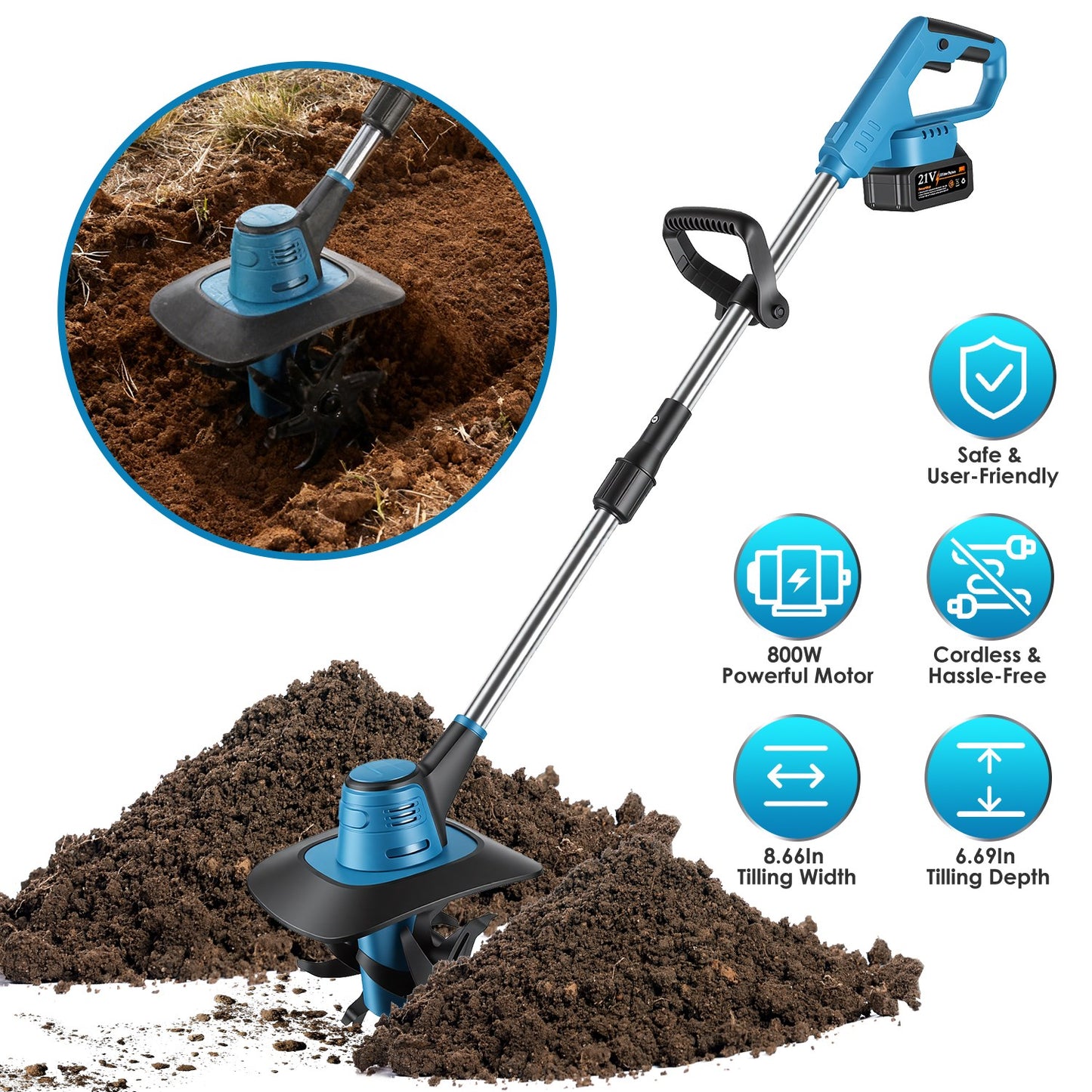 Cordless 800W Garden Tiller Cultivator with 3.0Ah Battery for Soil & Weeding
