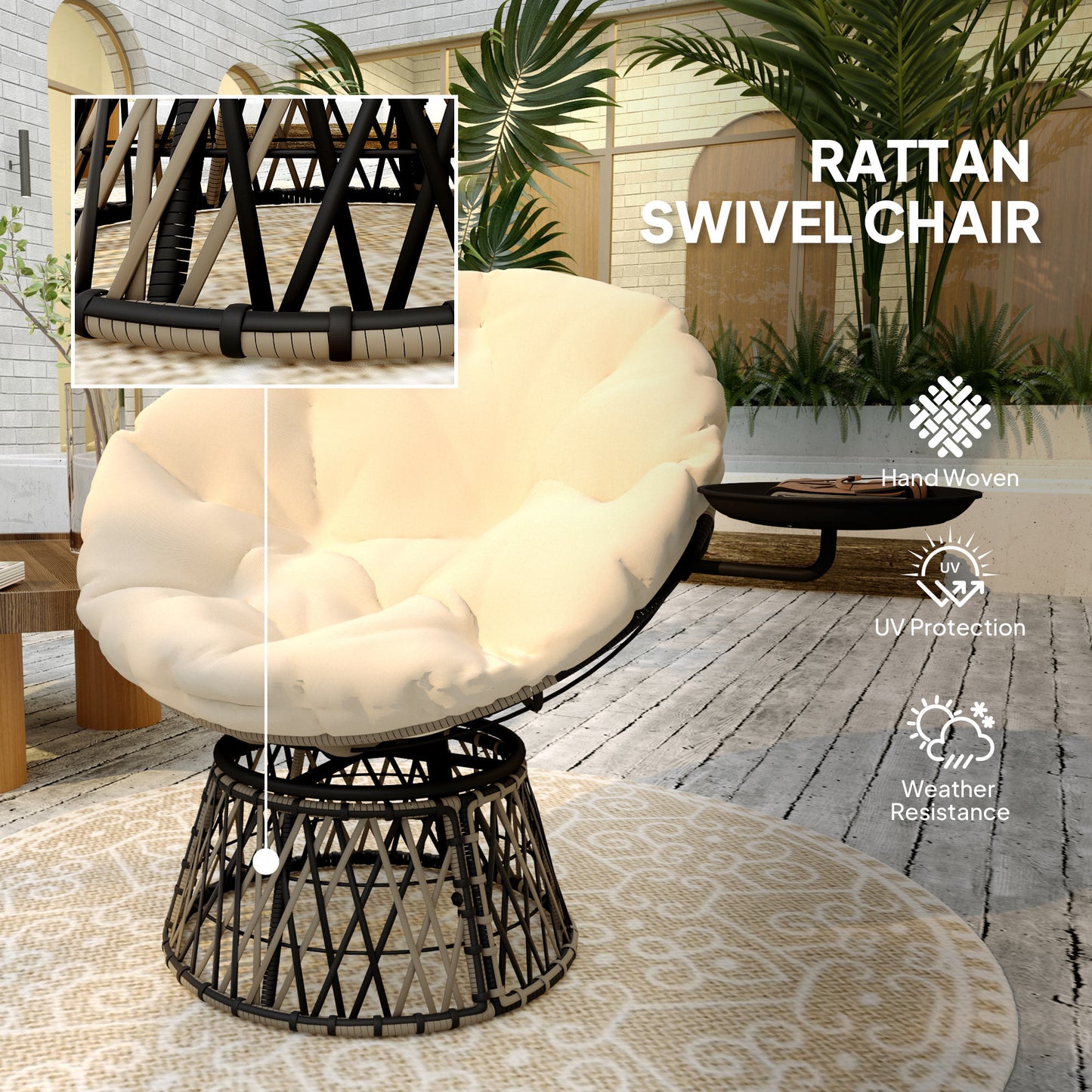 360° Swivel Papasan Chair with Side Tray - Beige