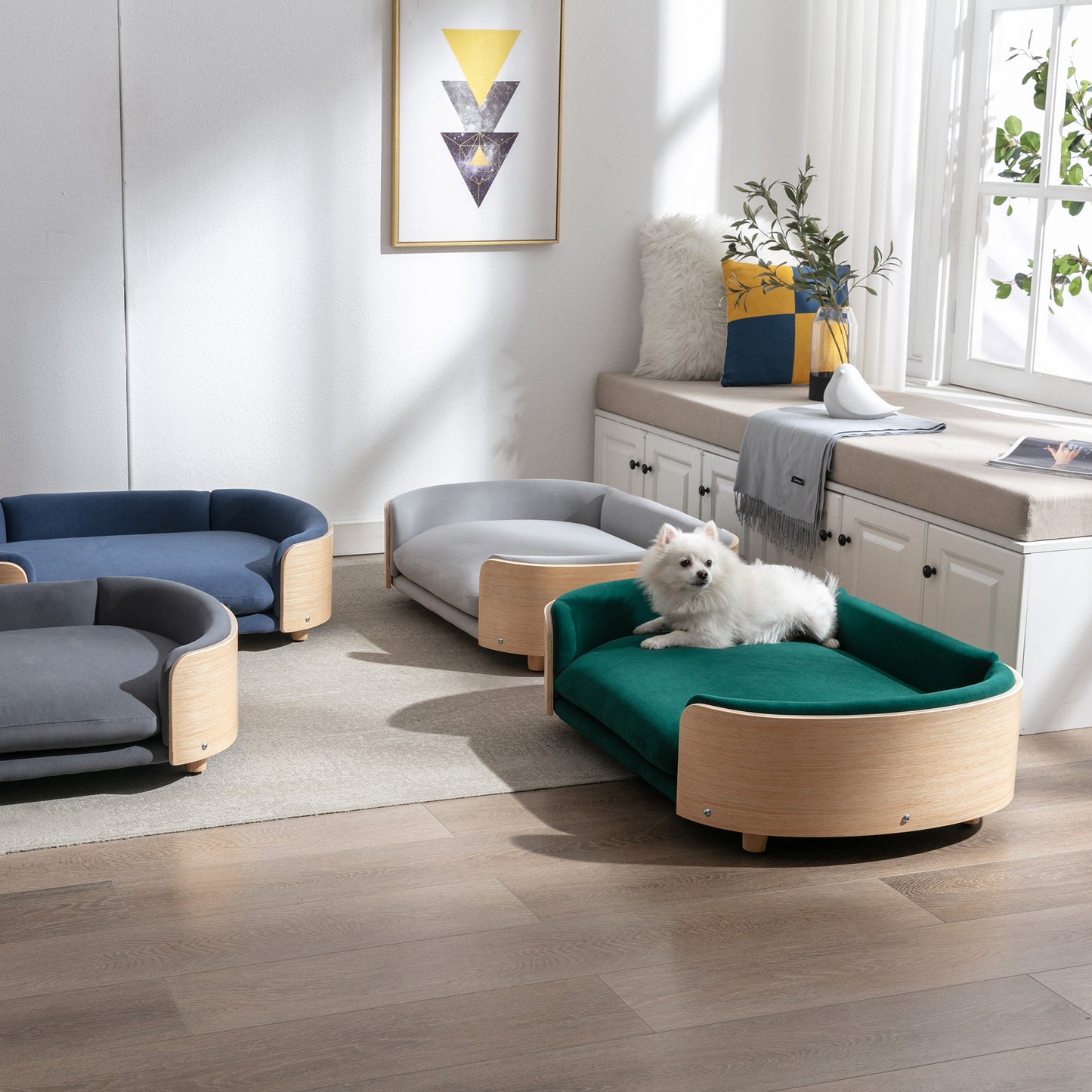 Large Scandinavian Style Elevated Dog Bed with Velvet Cushion and Solid Wood Legs