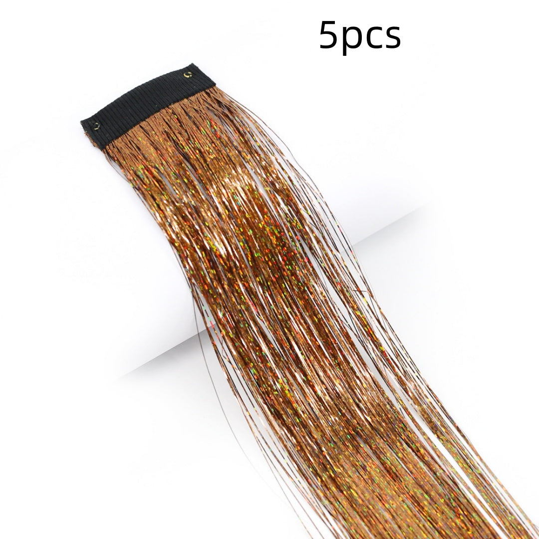 Clip-In Rainbow Hair Extensions - Long Synthetic Wig with Gold Thread