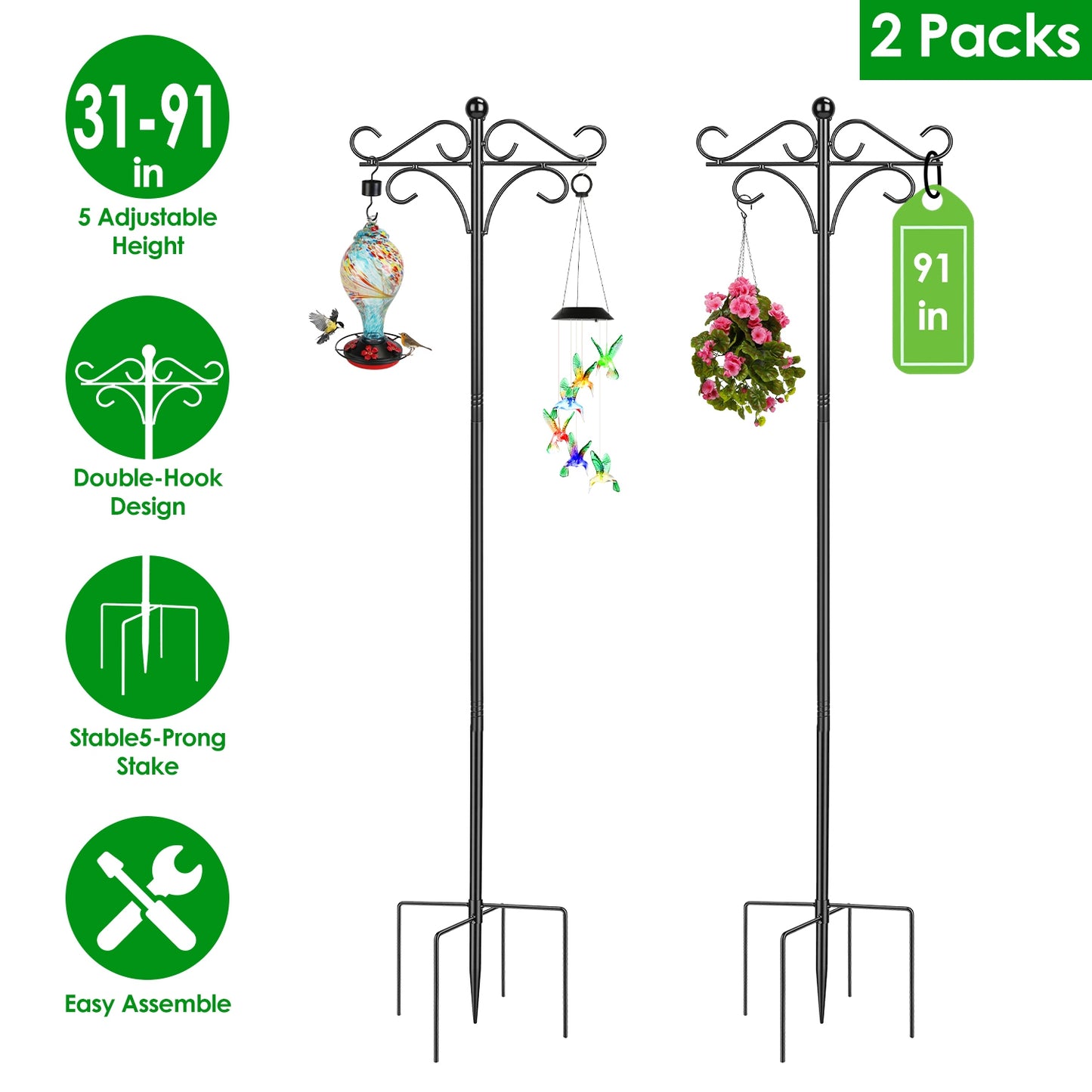 Heavy Duty Double Shepherds Hook Garden Pole - Adjustable Outdoor Bird & Plant Hook