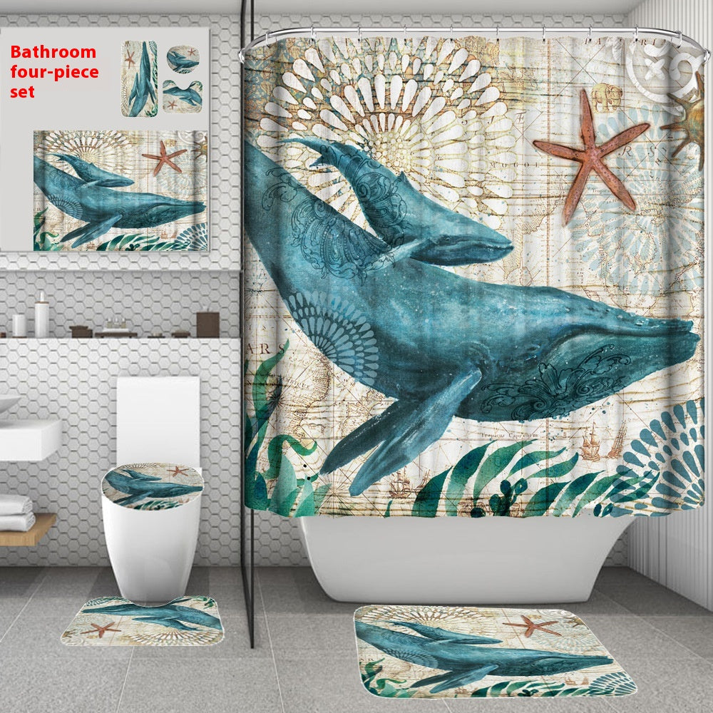 Bathroom Shower Curtain and Floor Mat Set Ocean World Printing - 4 Piece