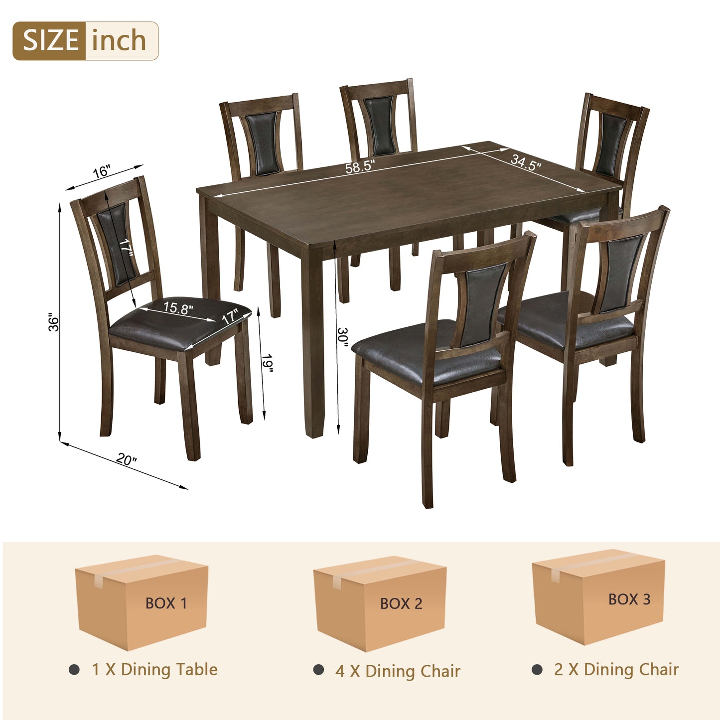 Modern 7-Piece Dining Table Set with 6 Upholstered Chairs - Walnut