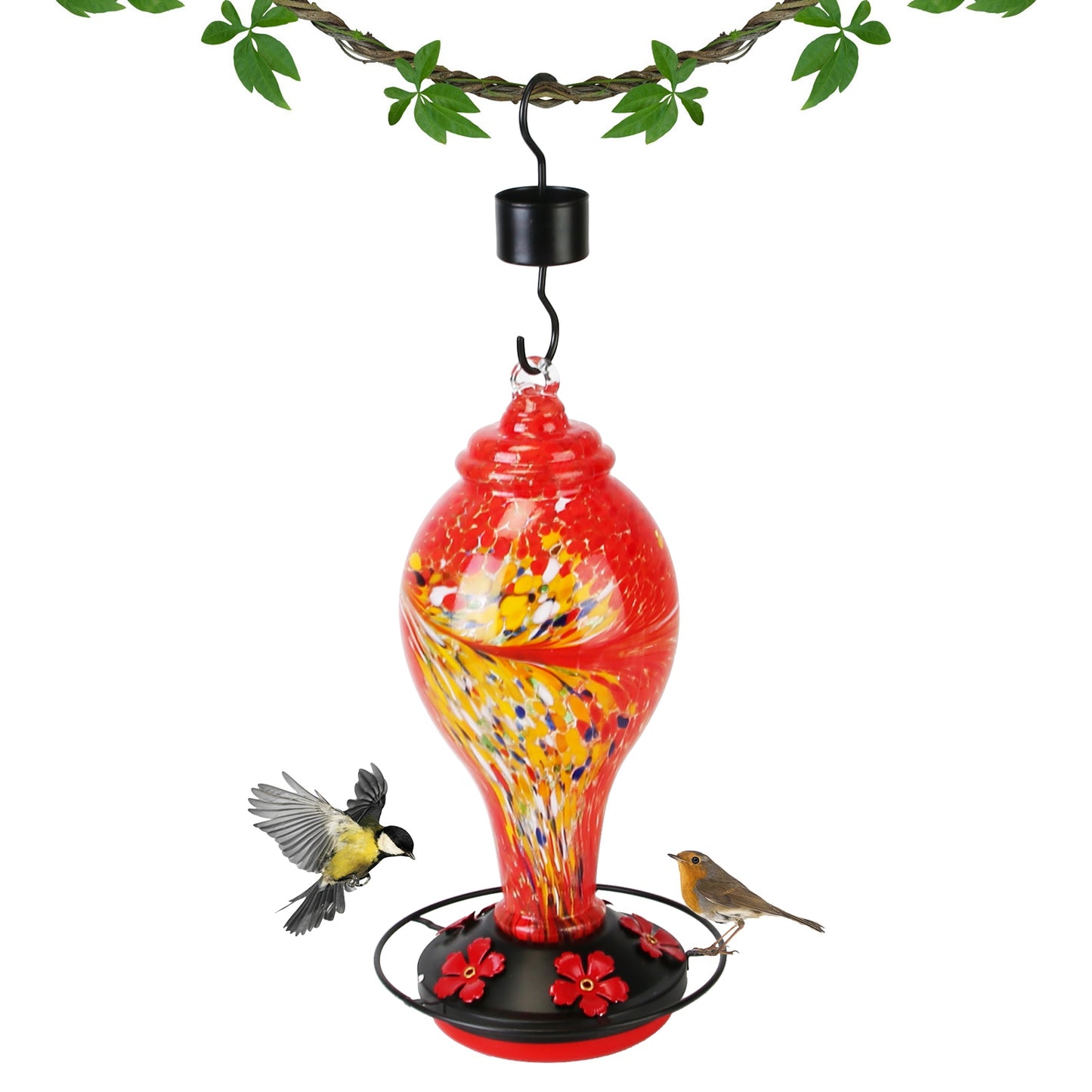 Glass Hummingbird Feeder 33OZ with 5 Flower Feeding Ports & Ant Moat - Garden Decor