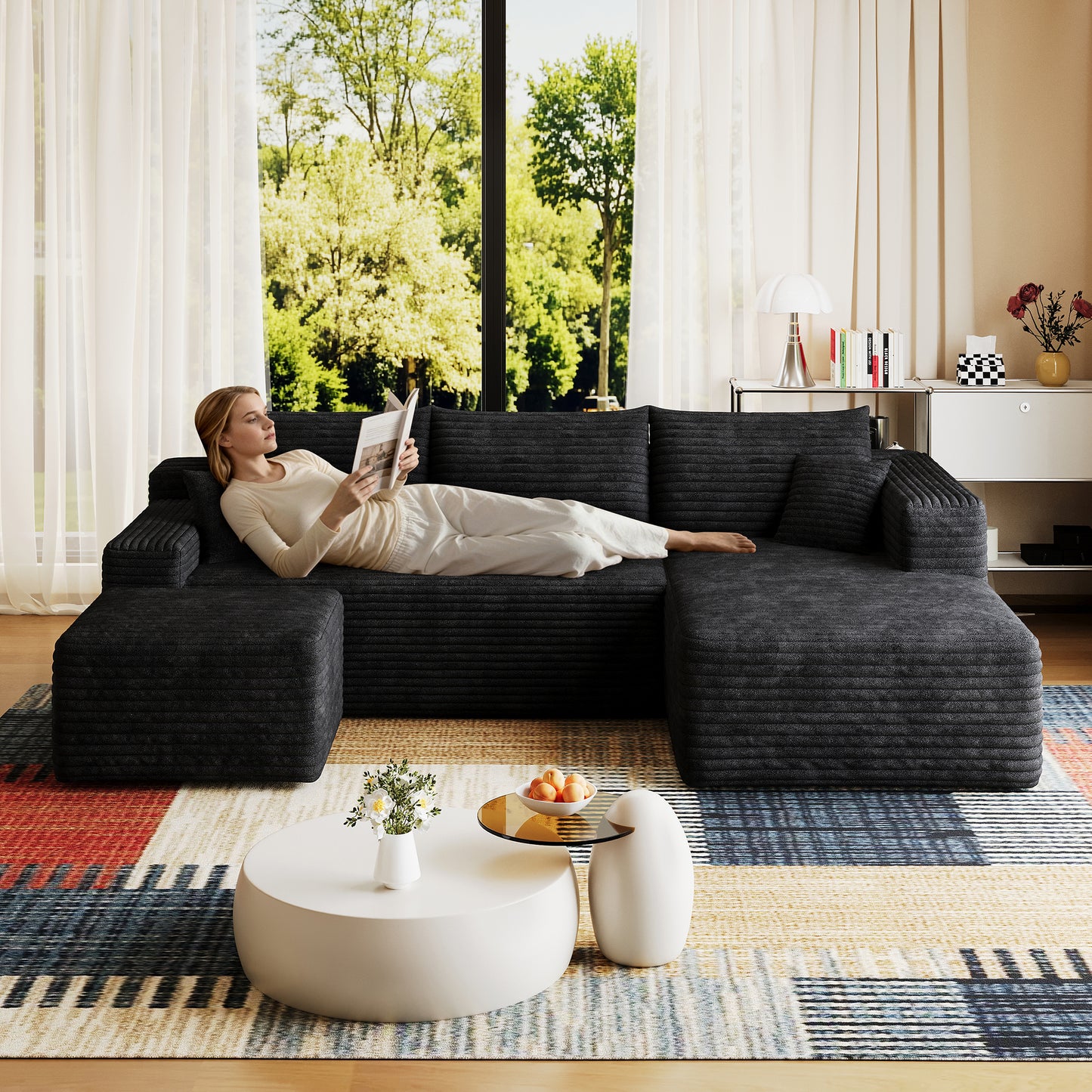 95" Cloud Sectional Sofa with Ottoman - Modern U-Shaped Couch in Black