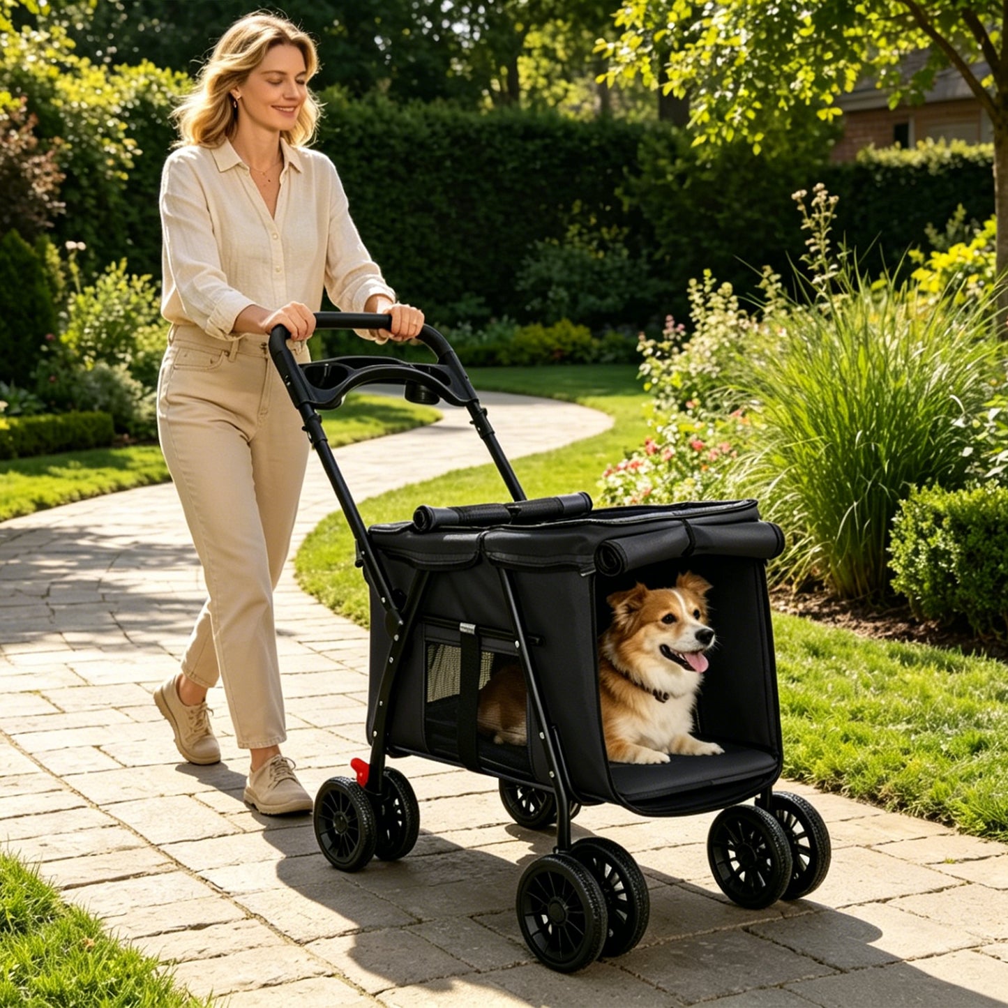 Foldable Pet Stroller for Small Medium Dogs Cats with Mesh Sides & Safety Leashes
