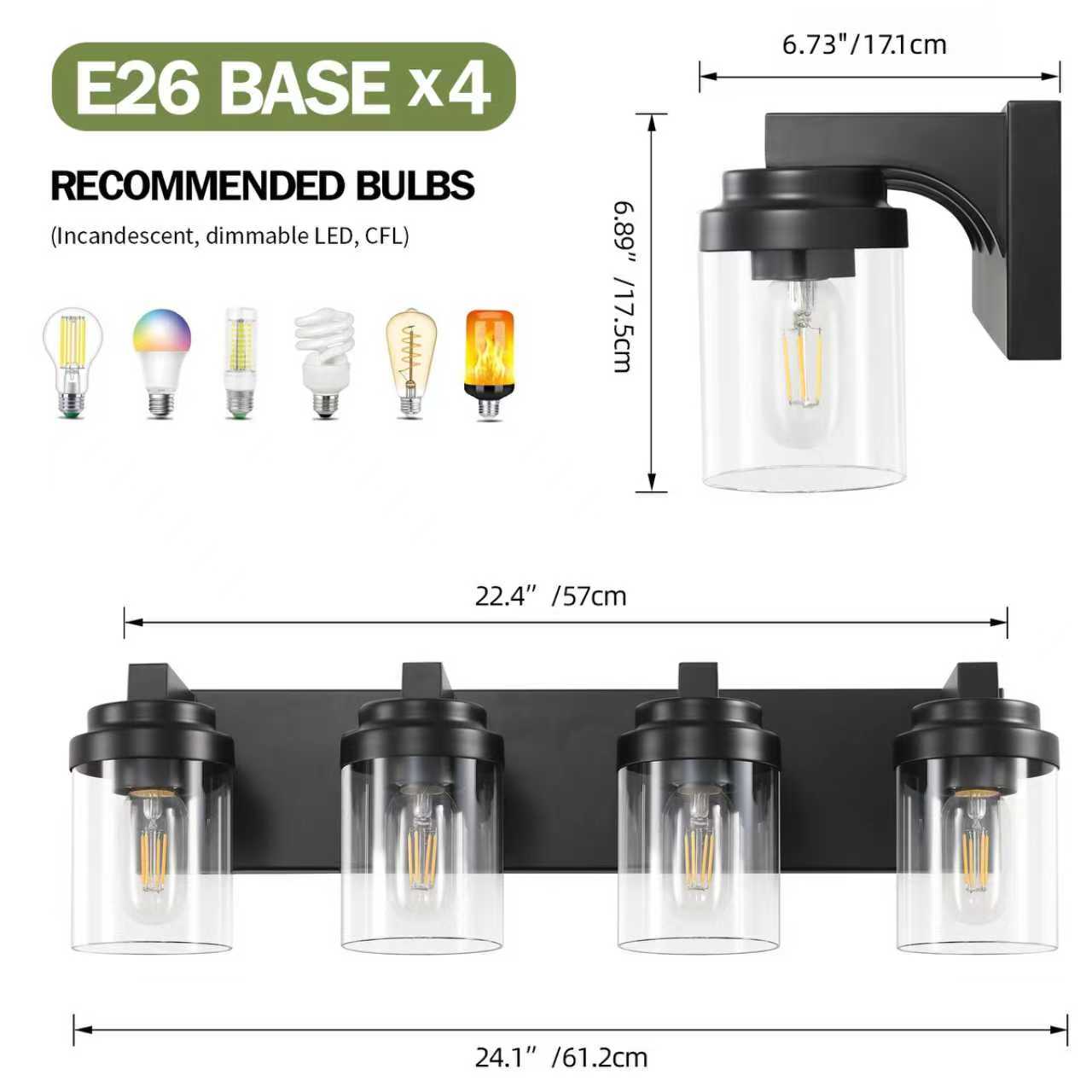 4-Light Matte Black Bathroom Vanity Light with Clear Glass Shades