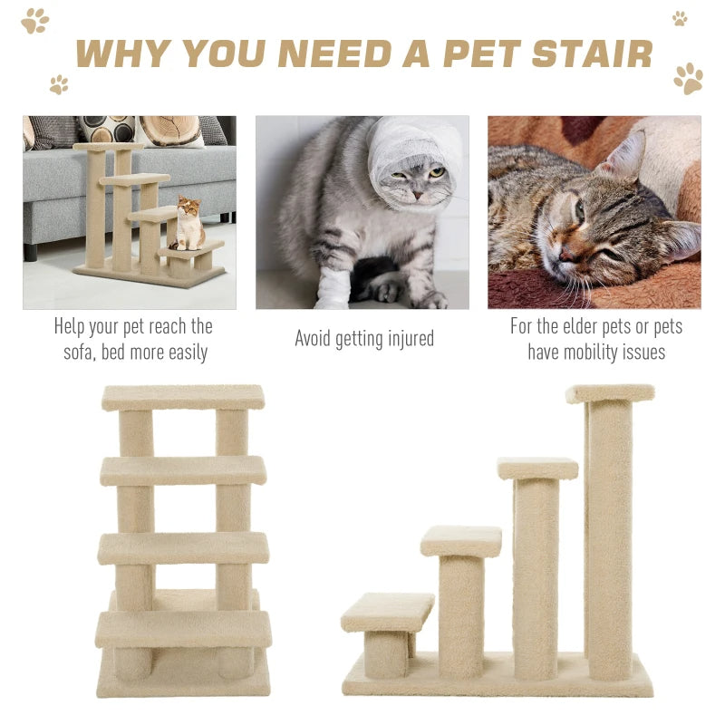 Multi-Level Carpeted Cat Scratching Post with Stairs - Cream White