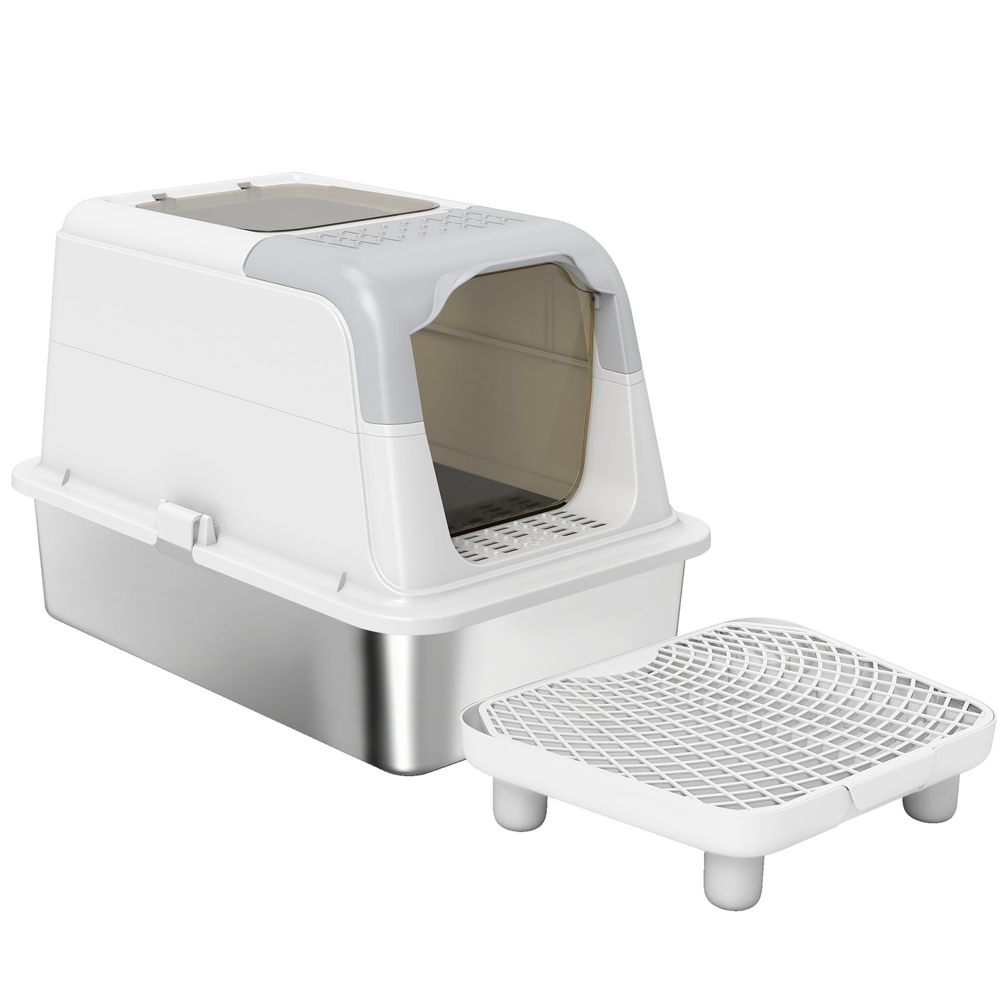 Enclosed Cat Litter Box with Scoop & Deodorizer Bag - Gray & White
