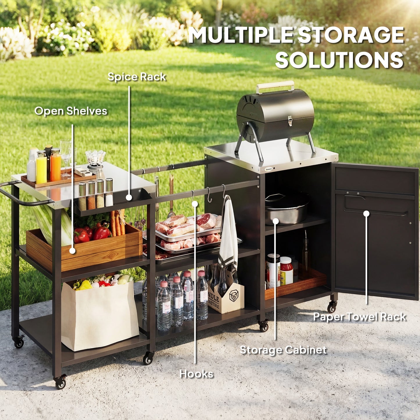 Heavy Duty Metal Grill Table with Stainless Steel Top - Black
