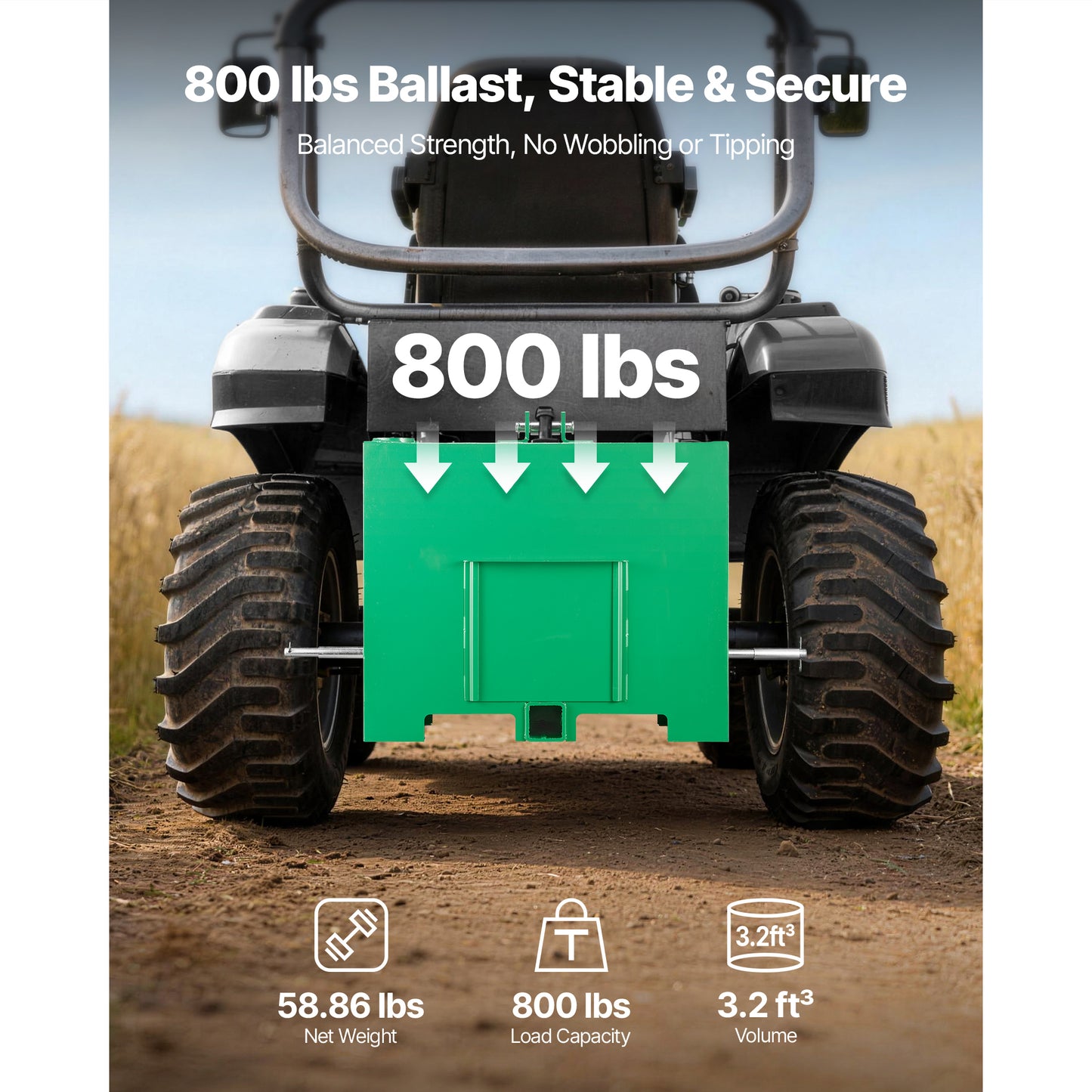Heavy-Duty 800 Lb Tractor Ballast Box with 2-Inch Hitch, Steel Loader Attachment, Green
