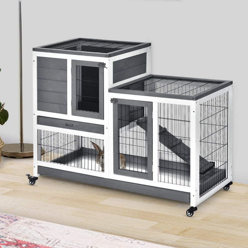 Wooden Rabbit Hutch with Enclosed Run & Wheels - Indoor Small Animal Cage