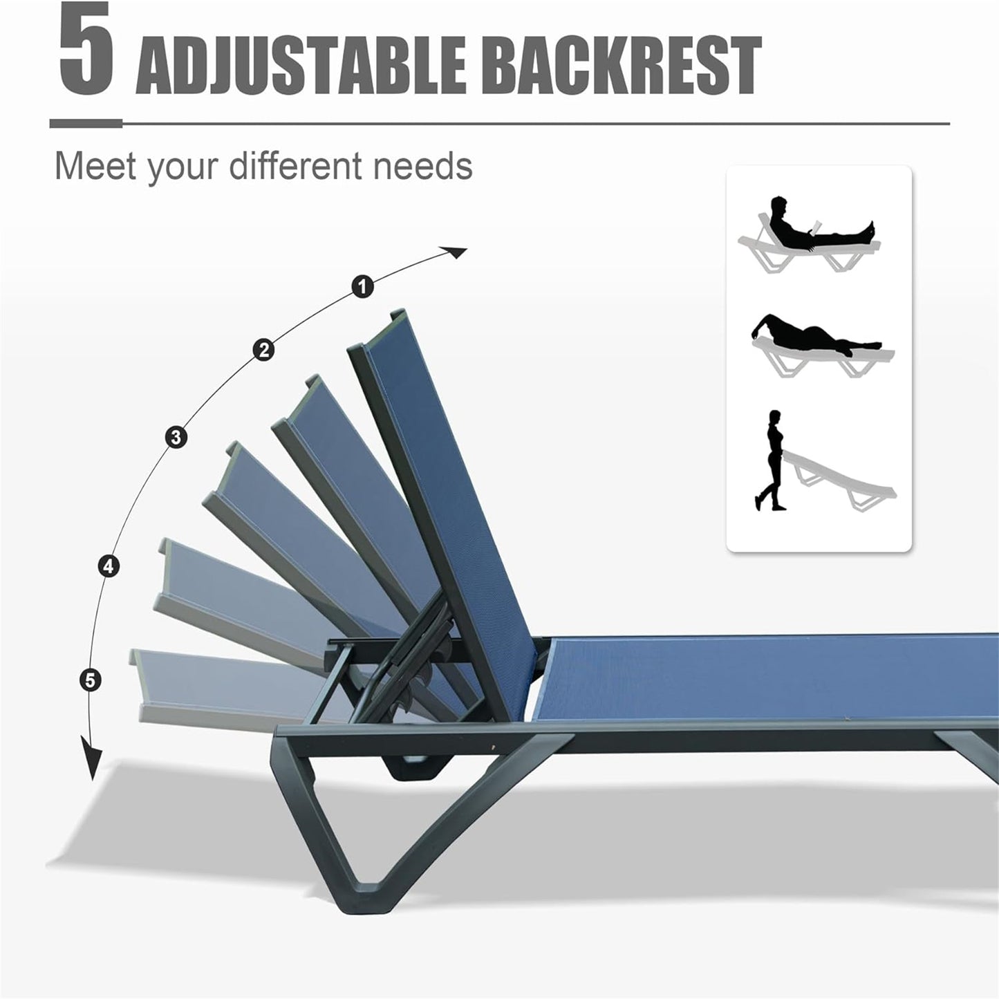 Outdoor Lounge Chair, 2 Pieces Aluminum Plastic Patio Chaise With 5