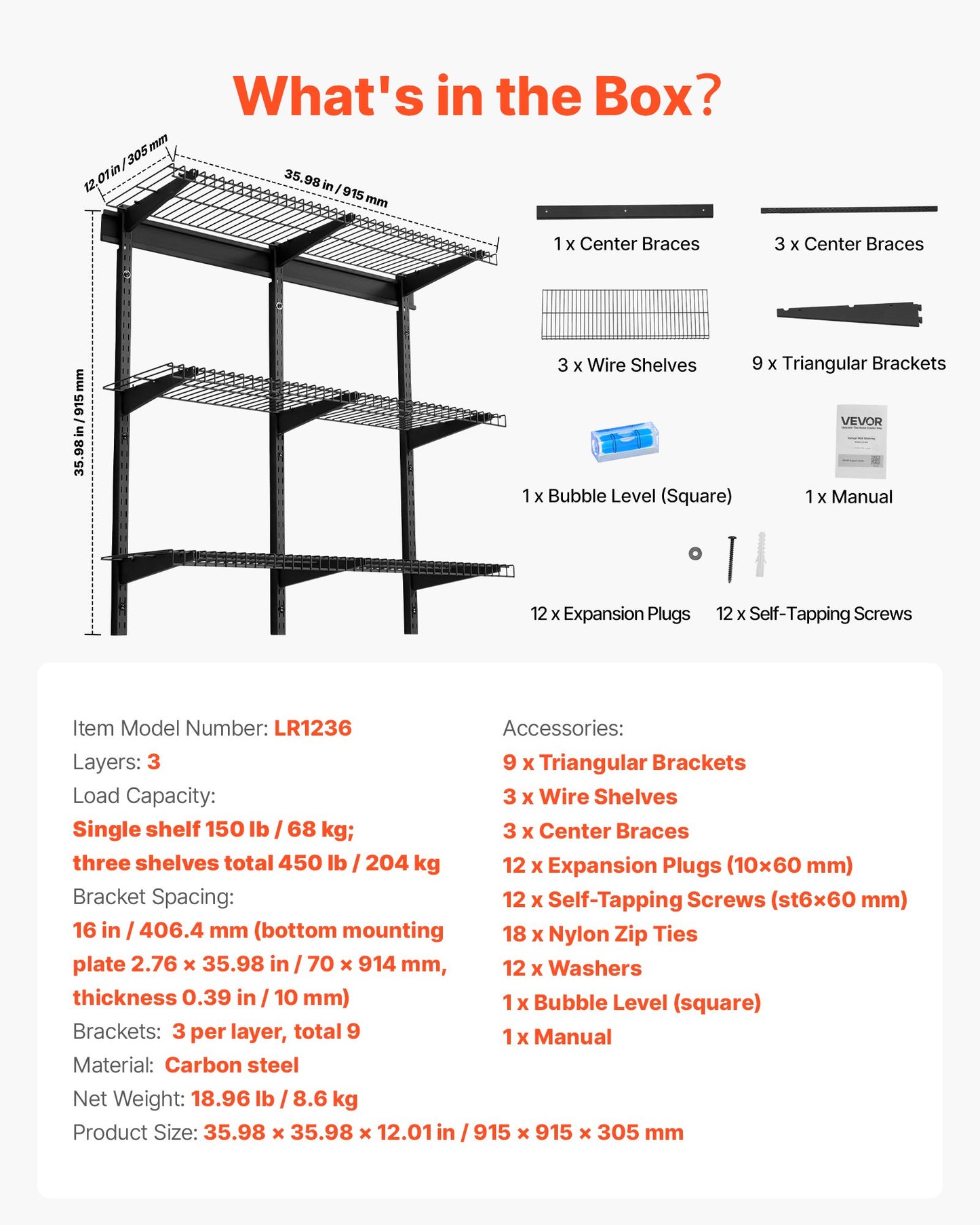 Heavy Duty Wall Garage Shelving Set - 3 Tiers Steel Wall Mounted Storage Rack