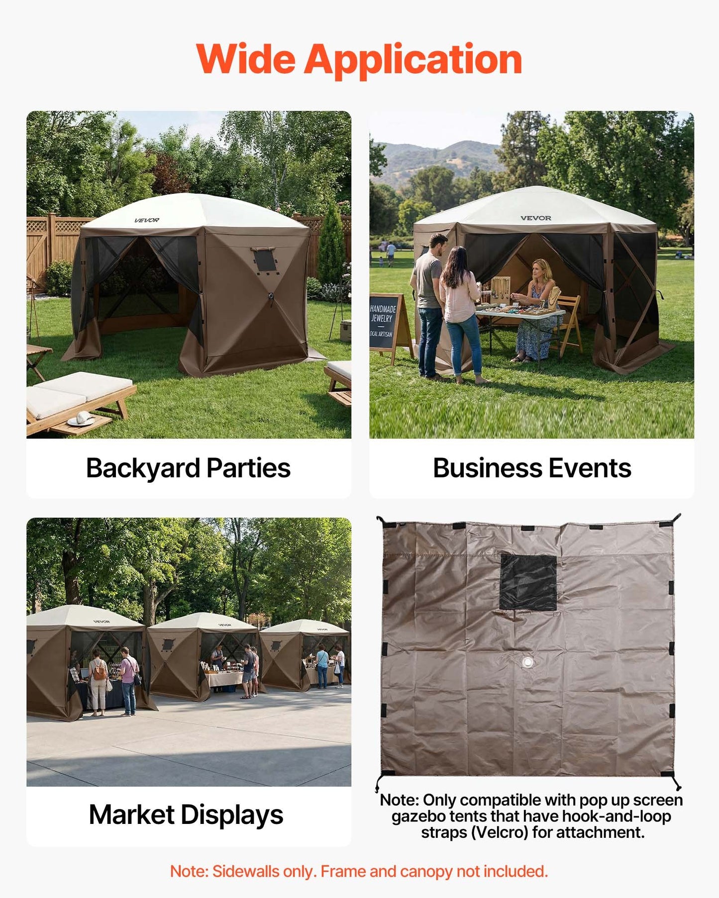 Waterproof Canopy Sidewalls for 12x12 ft Gazebo - Sunlight & Weather Protection, Black