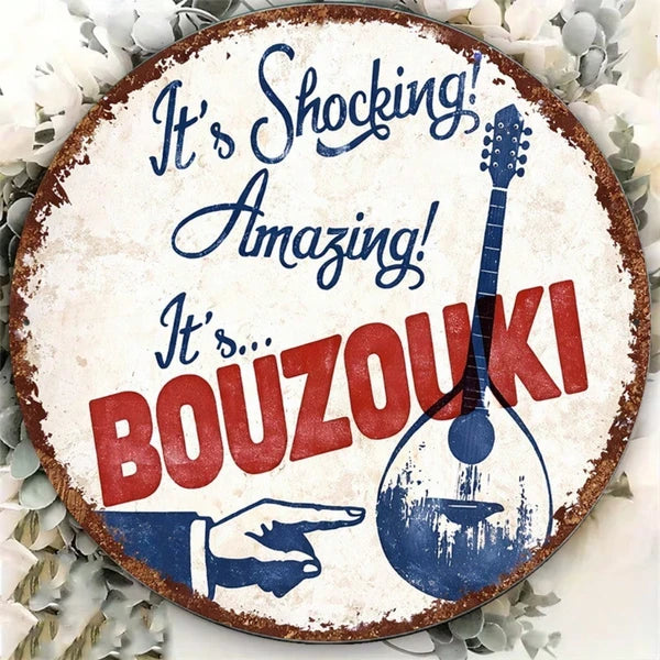 Vintage Bouzouki Instrument Round Sign - 8x8 Inch Metal Plaque