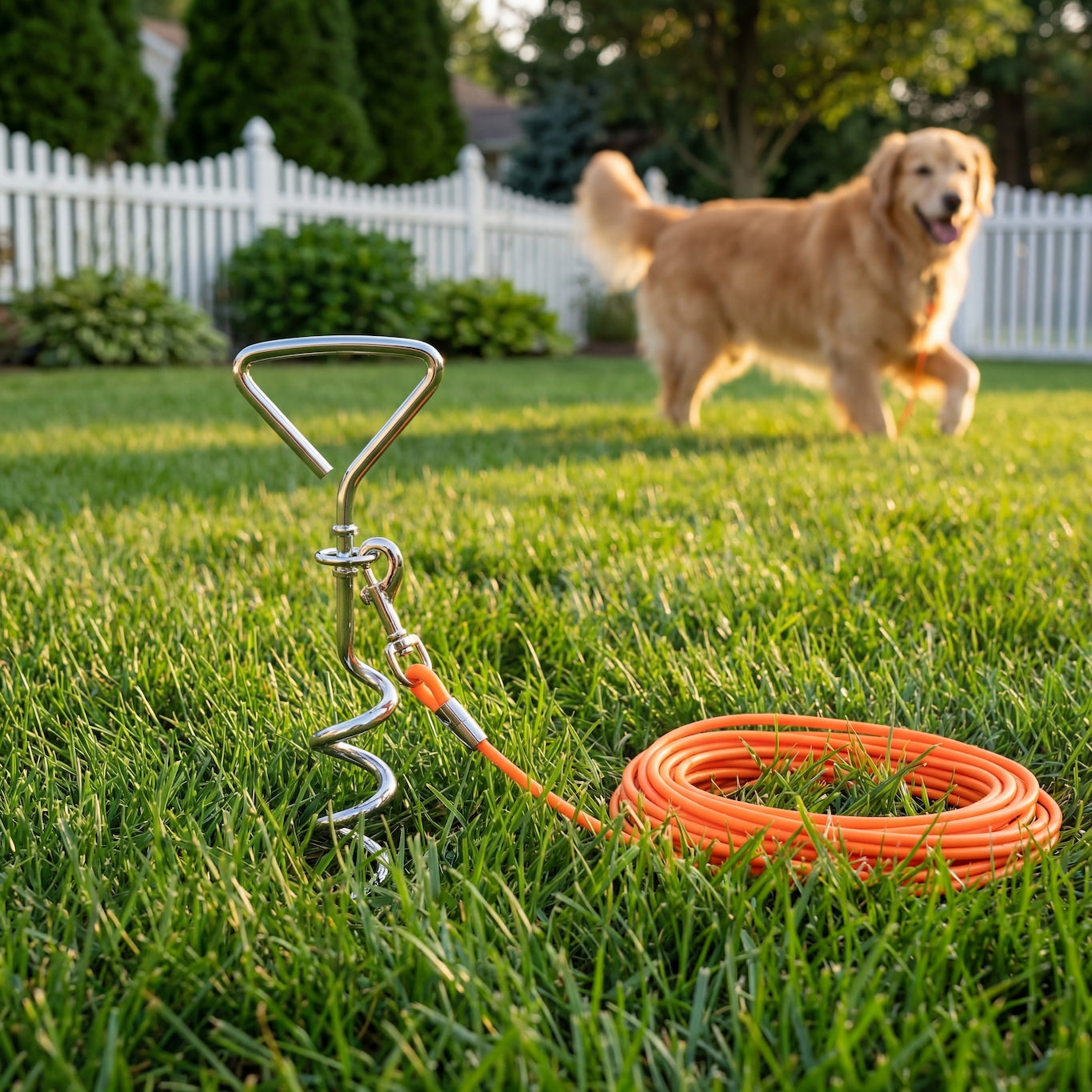 Ground Stake Fixed Dog Leash with 30ft Range for Outdoor Walking and Training