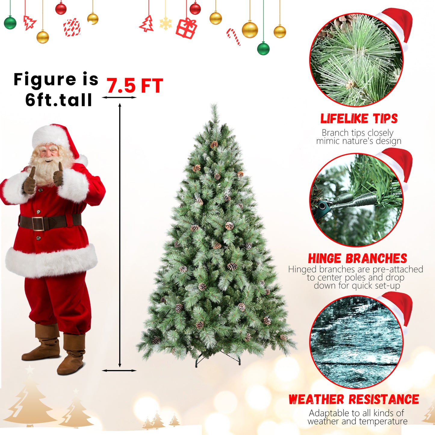 PVC Christmas Tree - Mixed Pine Cone Decoration, Multiple Heights