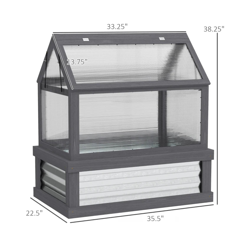Raised Garden Bed Kit with Greenhouse - Wooden Cold Frame Planter, Gray Silver