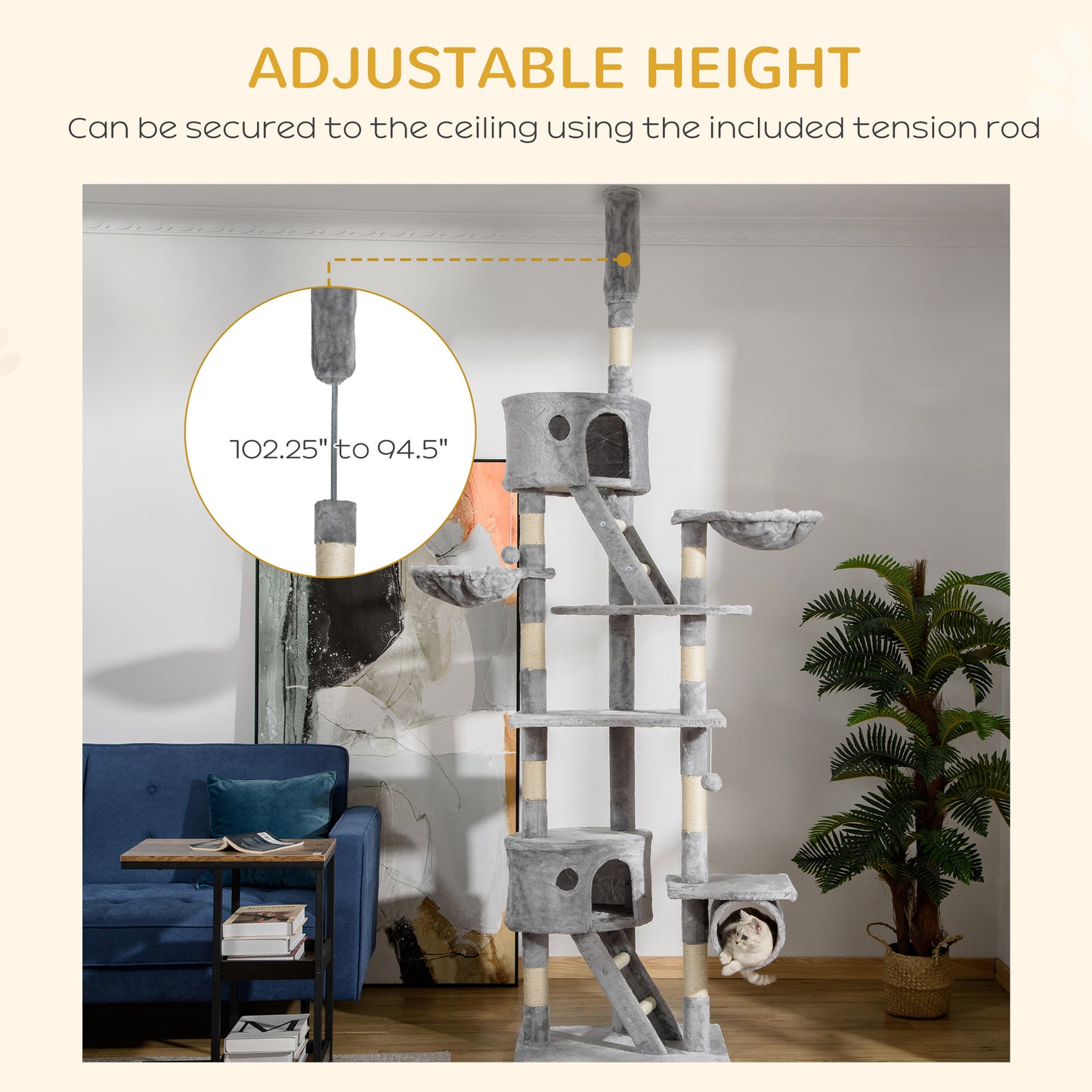 Adjustable Floor-to-Ceiling Cat Tree Tower with Scratching Posts, Condos, Hammocks - Light Gray