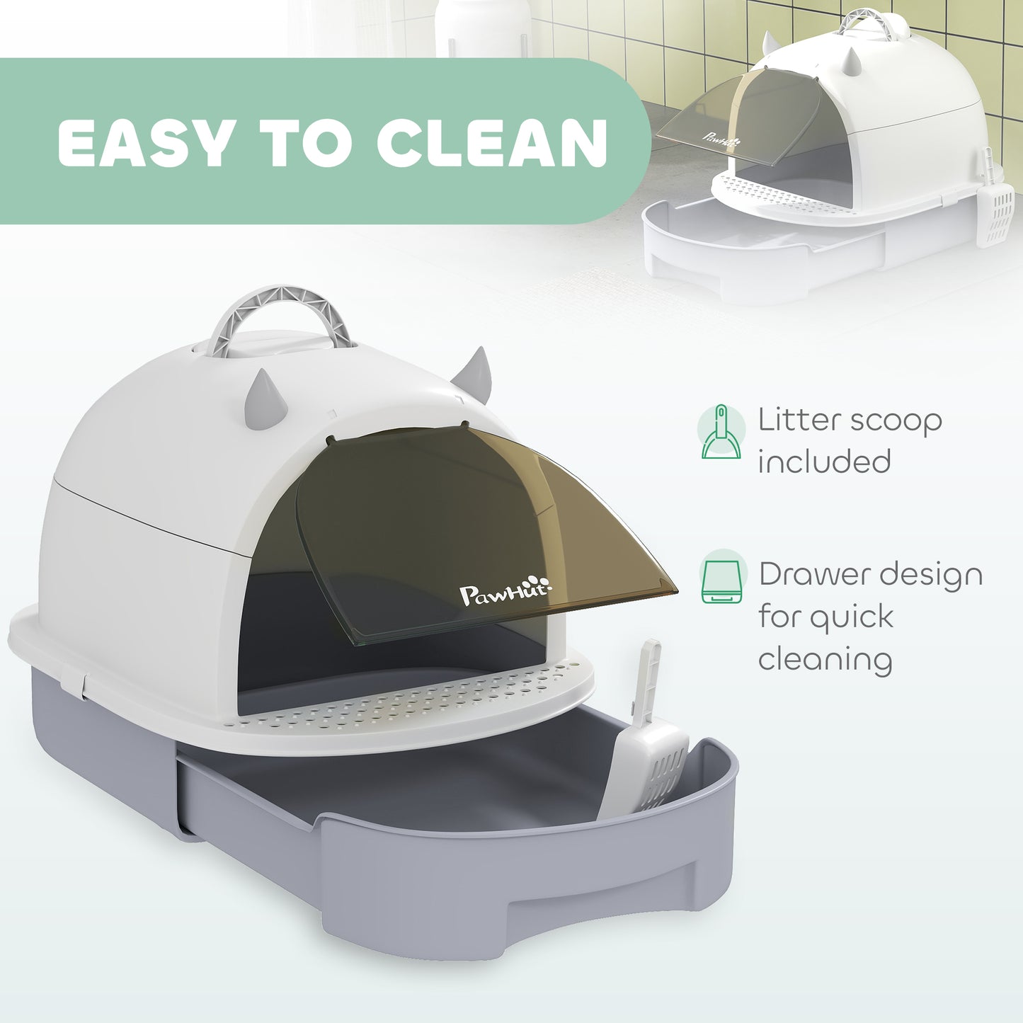 Covered Cat Litter Box with Lid and Scoop - Odor Control, Portable, Easy to Clean - Gray 410x180x520mm