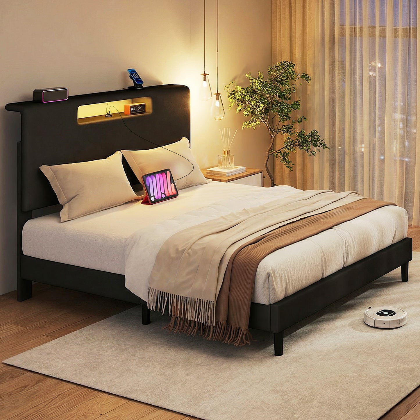 Full Size Upholstered Bed Frame With High Headboard Adjustable LED