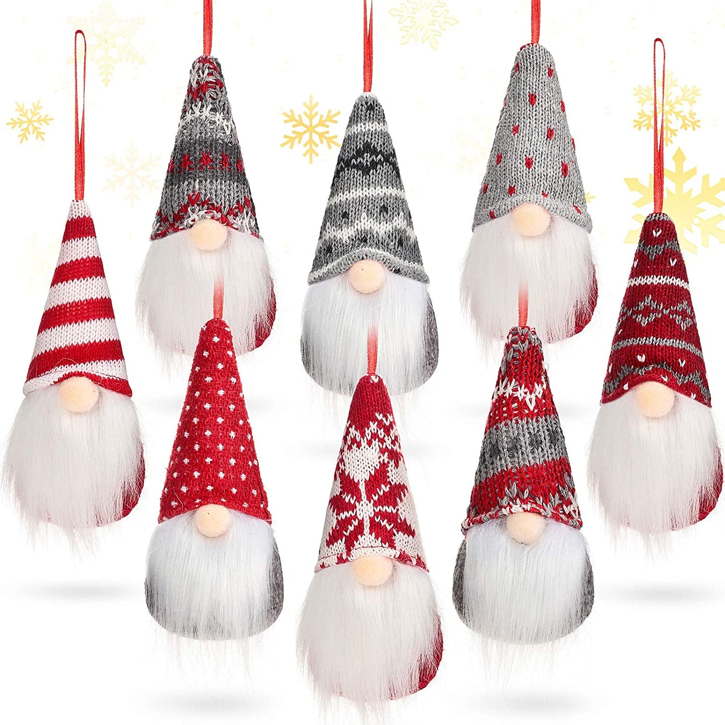 8-Pack Handmade Christmas Gnome Plush Ornaments - Red & White