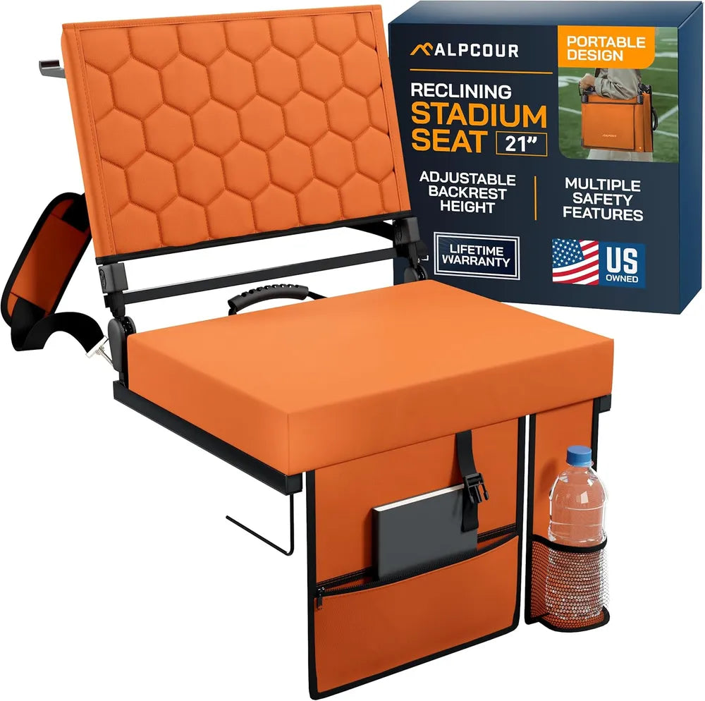 Folding Reclining Stadium Seat with Back Support - Orange