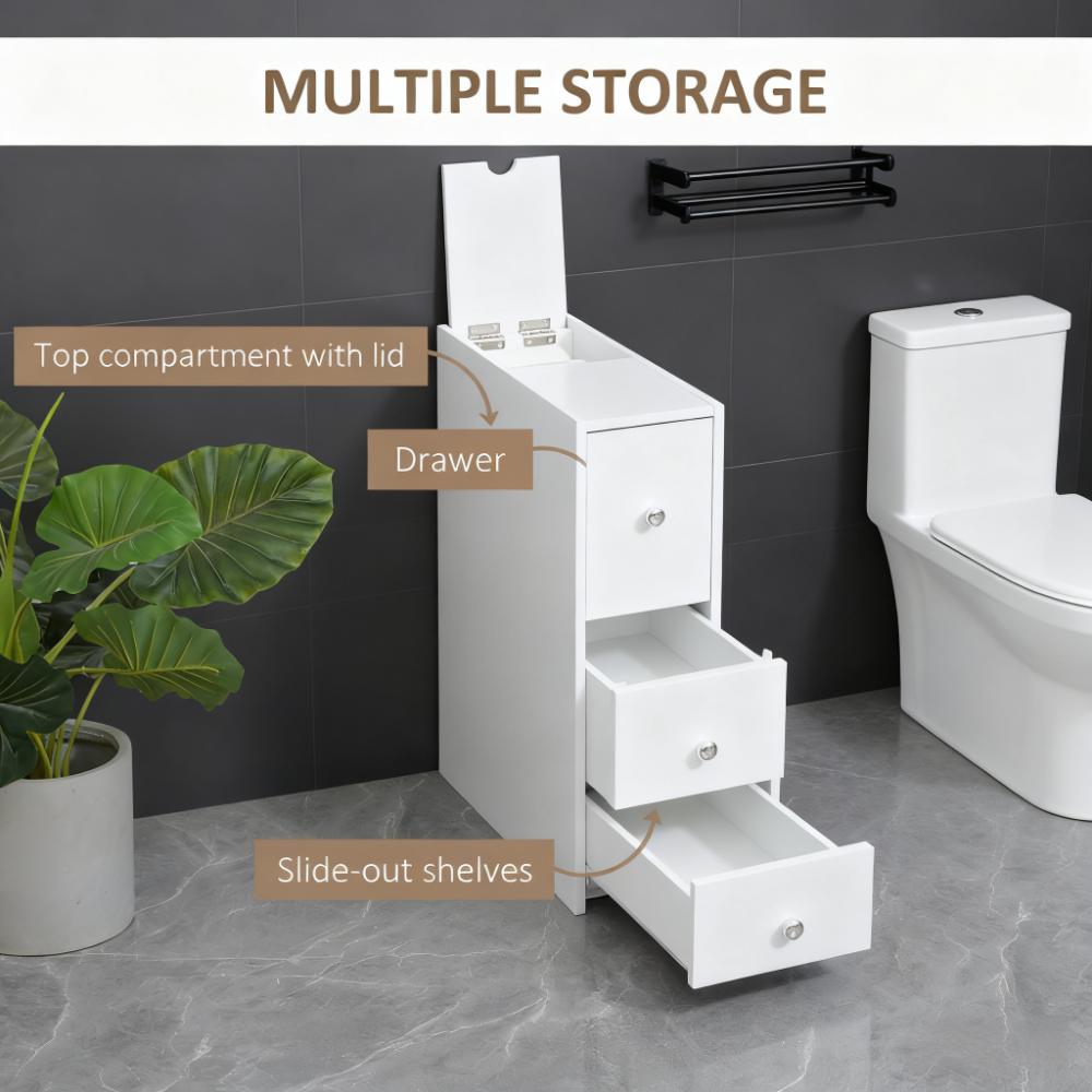 Narrow Bathroom Storage Cabinet with Drawers - White